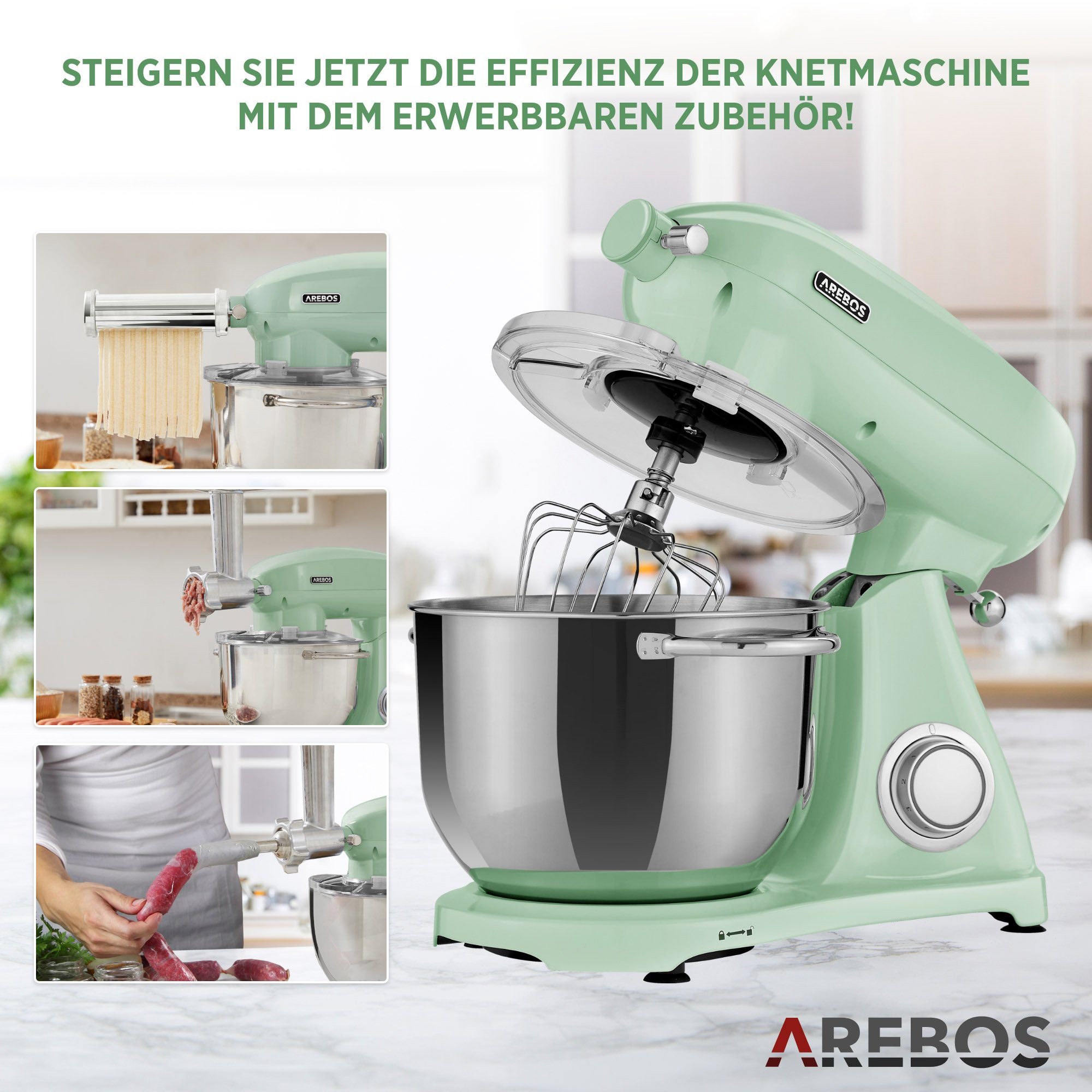 Arebos Küchenmaschine Retro, 6L Edelstahl-Rührschüssel, 6 Geschwindigkeiten, 1800 W