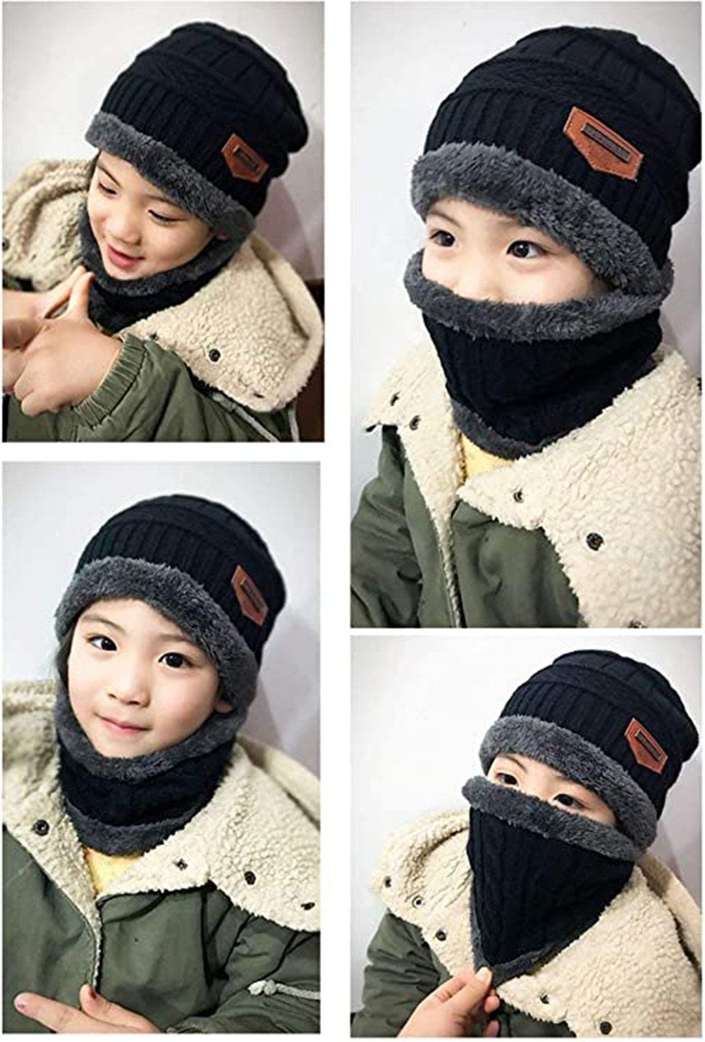 XDeer Mütze & Schal Kinder Wintermütze-Schal Set,Schlauchschal mit Fleecefutter Strickmütze,Wärme Beanie Mütze,für Kinder 5-14 Jahre