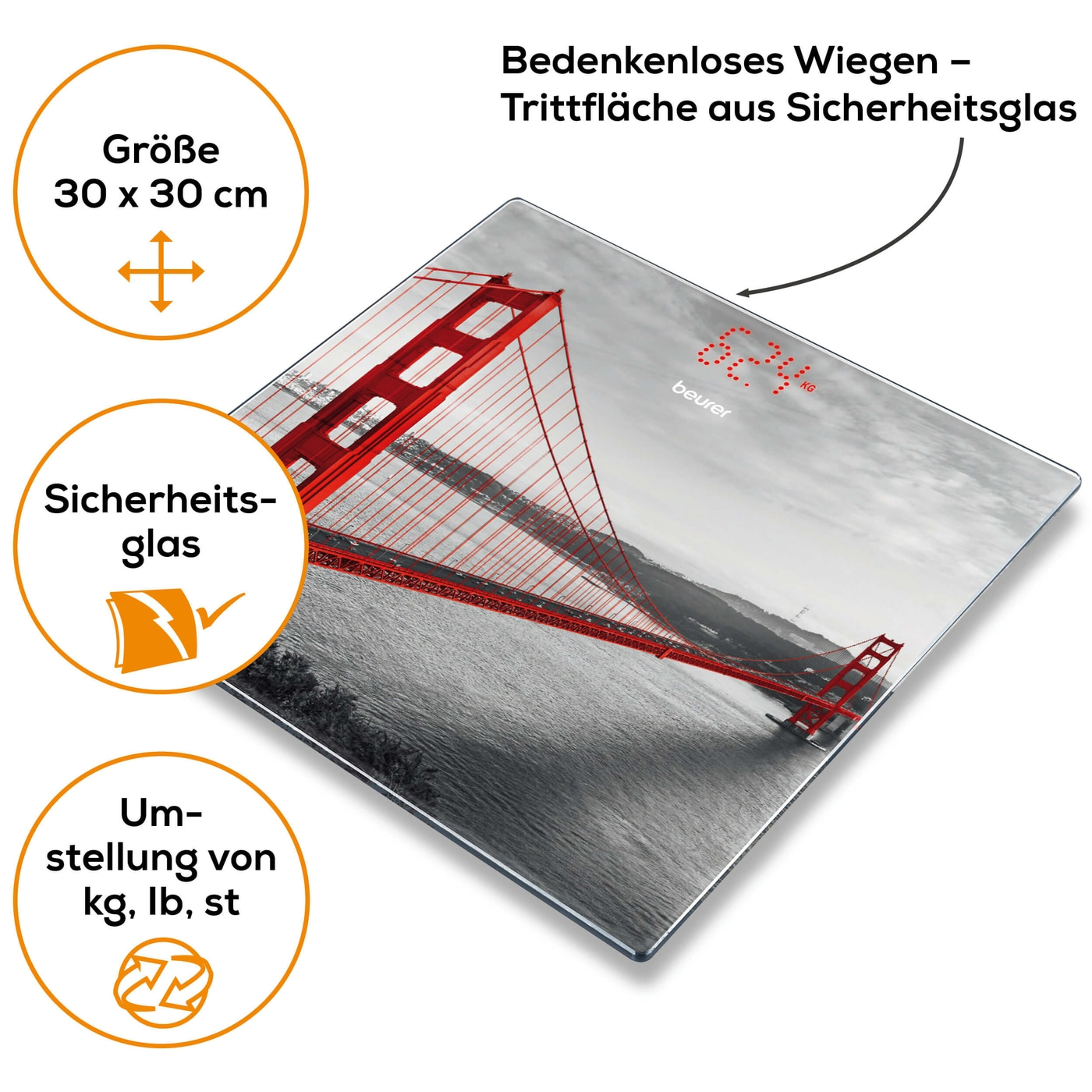 Beurer San Francisco Glaswaage GS 215-Personenwaage aus Glas mit unsichtbarem Magic-Display - bis 180 kg