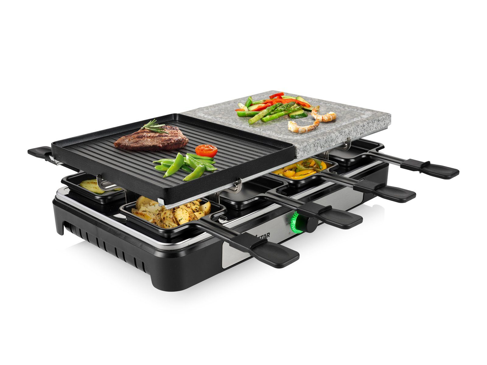 Setpoint Raclette, 1400 W, Tischgrill Grill- & Steinplatte 5in1 Gerät Steingrill für 2-8 Personen
