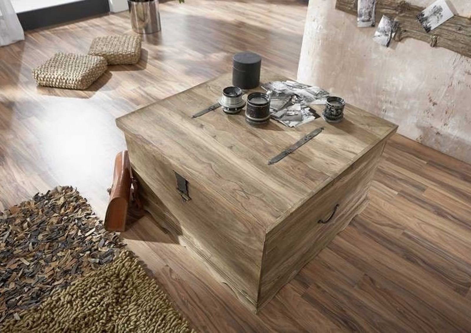 Massivmoebel24 Truhe LEEDS (Holztruhe, Holzkiste mit Deckel, Aufbewahrungstruhe für Stauraum aus Massivholz, Truhe im typischem Landhausstil mit einem großen Fach, in grau geölt 88x88x50 Sheesham montiert), Mexico-Stil;Landhaus-Stil;authentische Holz