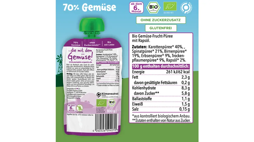 pumpkin organics Bio Quetschie Karotte, Birne, Spinat, Erbsen, Trockenpflaume 100 g