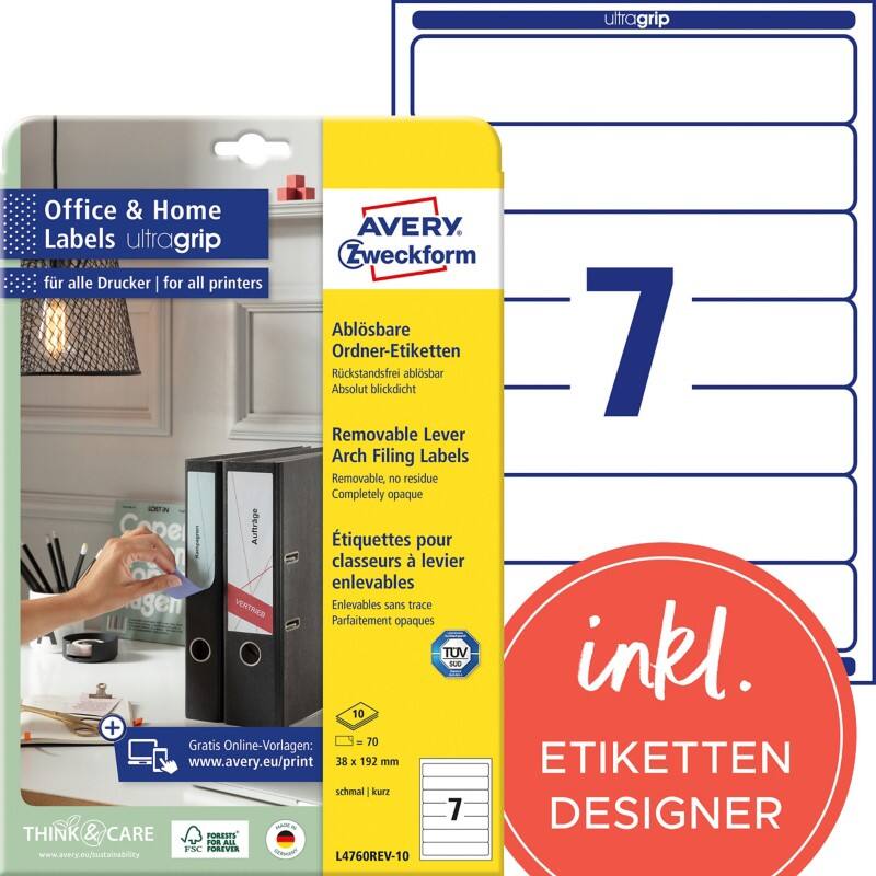 AVERY Zweckform L4760REV-10 Ordneretiketten DIN A4 Weiß 38 x 192 mm 10 Blatt à 7 Etiketten
