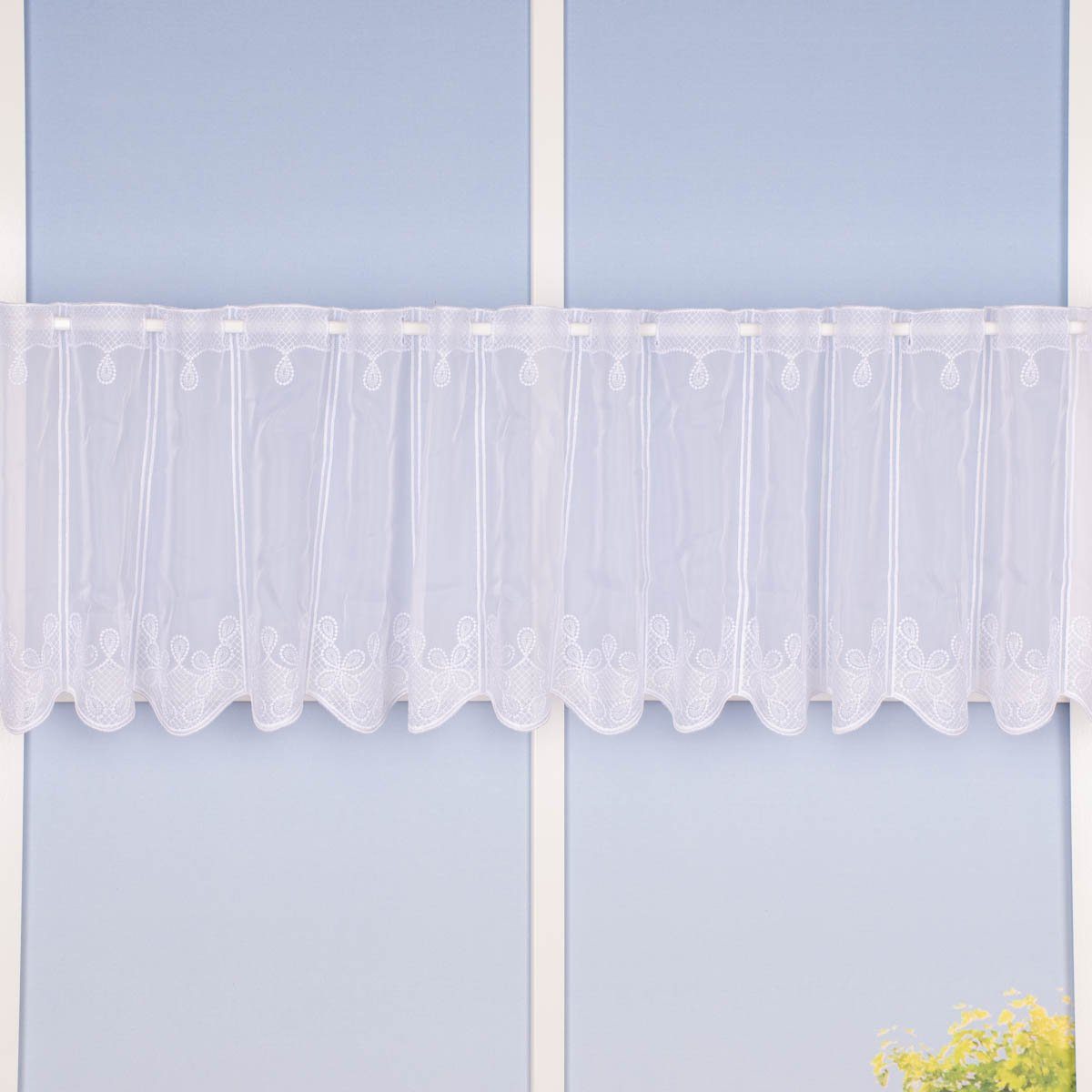 Meterware Scheibengardine Meterware Voile Stickerei Ornamente nähfrei weiß 30cm, SCHÖNER LEBEN., leicht perforiert, Polyester, bestickt