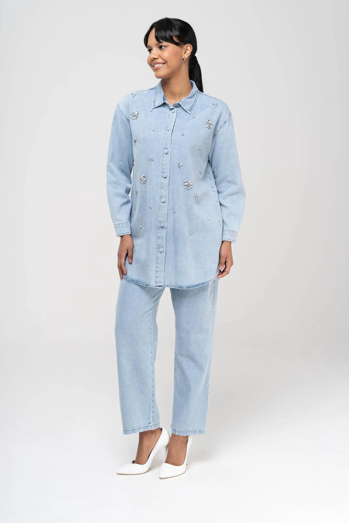 Olcay  Tuniği Jeansanzug mit Steinerbsen und Hose mit elastischer Taille BLAU 9225-TK