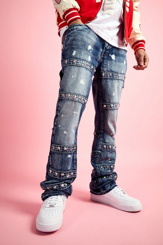 Slim-Fit Schlagjeans mit verziertem Riemchen-Detail