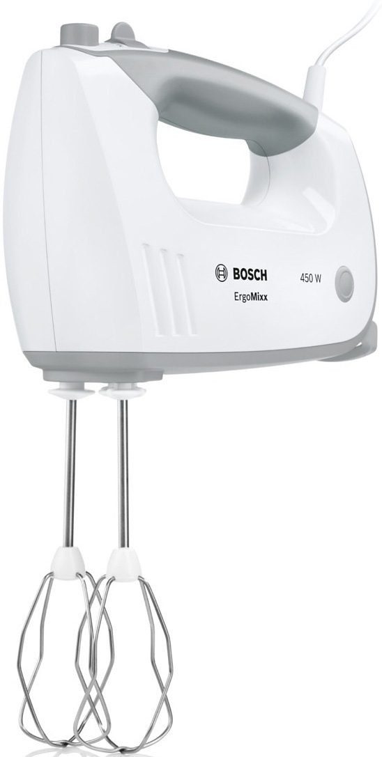 BOSCH Handmixer ErgoMixx MFQ36400, 450 W, 5 Stufen plus Turbostufe, 2 Turbobesen, 2 Edelstahl-Knethaken, weiß