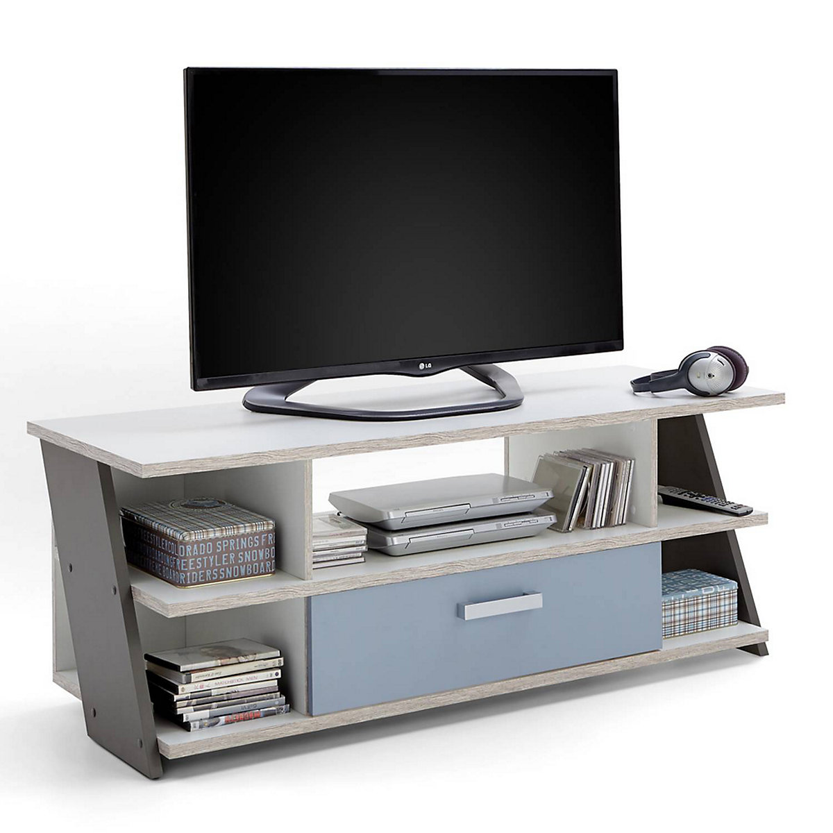 Jugendzimmer Komplett-Set mit Bett 140x200 cm mit Kleiderschrank LEEDS-10 in Sandeiche Nachbildung mit weiß, Lava und Denim Blau
