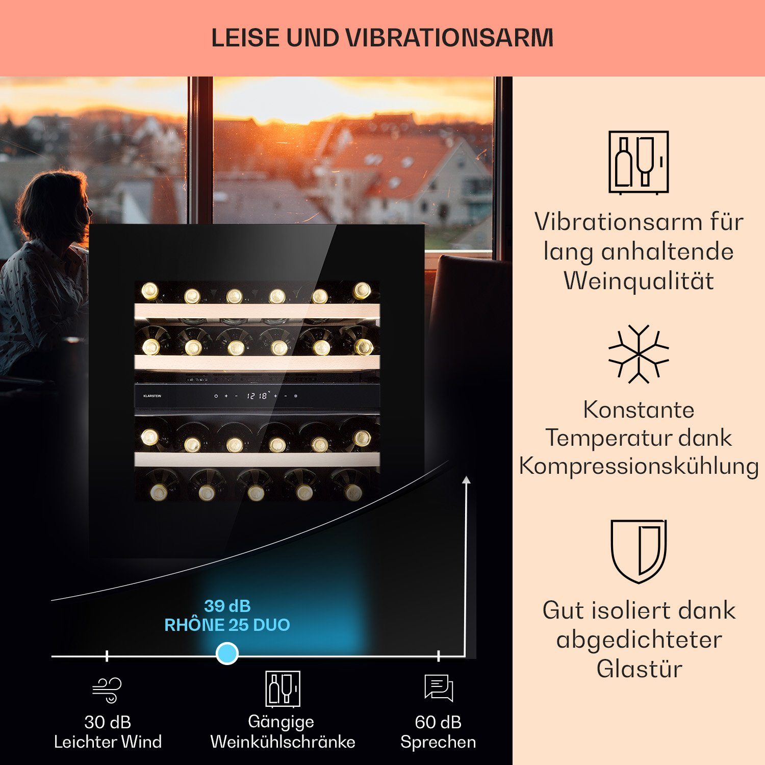 Klarstein Weinkühlschrank Rhône 25 Duo, für 25 Standardflaschen á 0,75l,Wein Flaschenkühlschrank Weintemperierschrank Weinschrank Kühlschrank