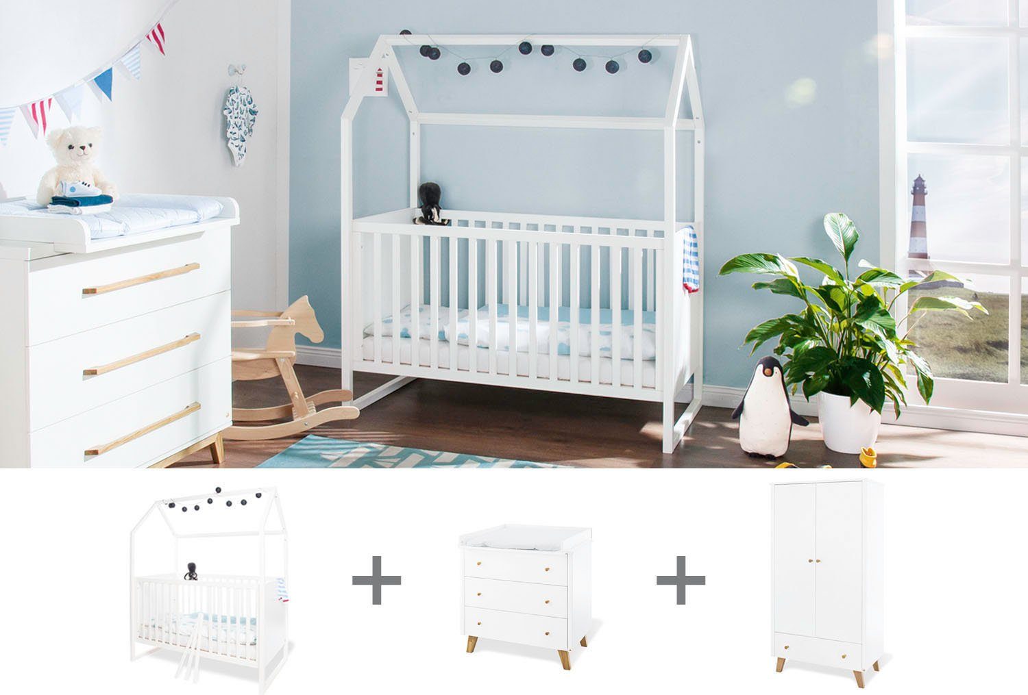 Pinolino® Babyzimmer-Komplettset Hilda & Pan, (Set, 3-St., Hausbett, Wickelkommode, Kleiderschrank), breit; mit Hausbett, Wickelkommode & 2-trg. Kleiderschrank