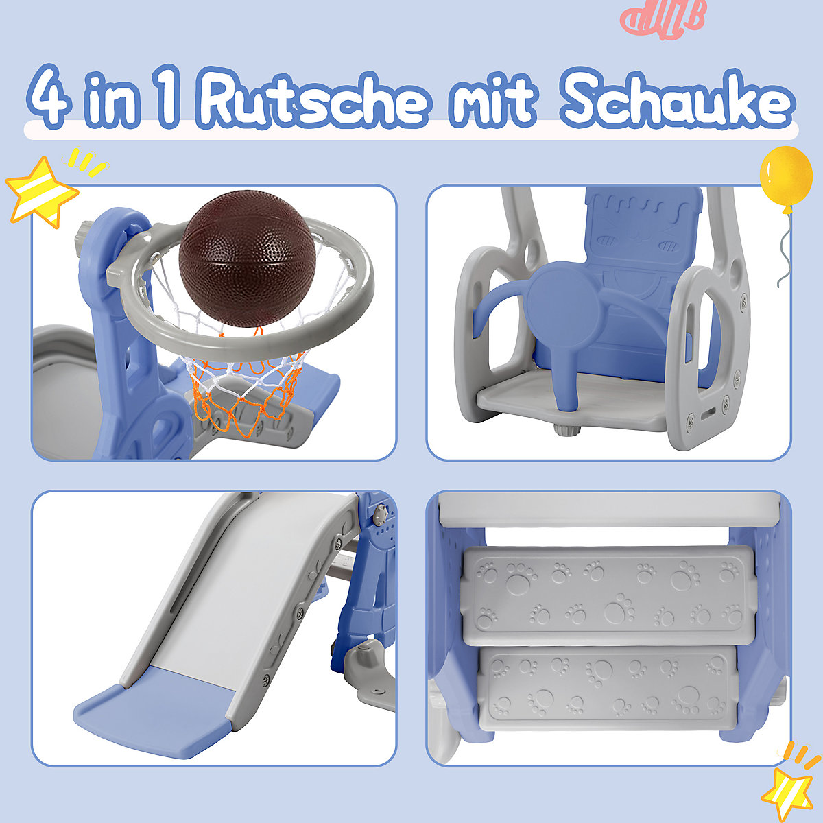 Rutsche 3 in 1 Kinderrutsche Spielplatz mit Schaukeln, Basketballkorb