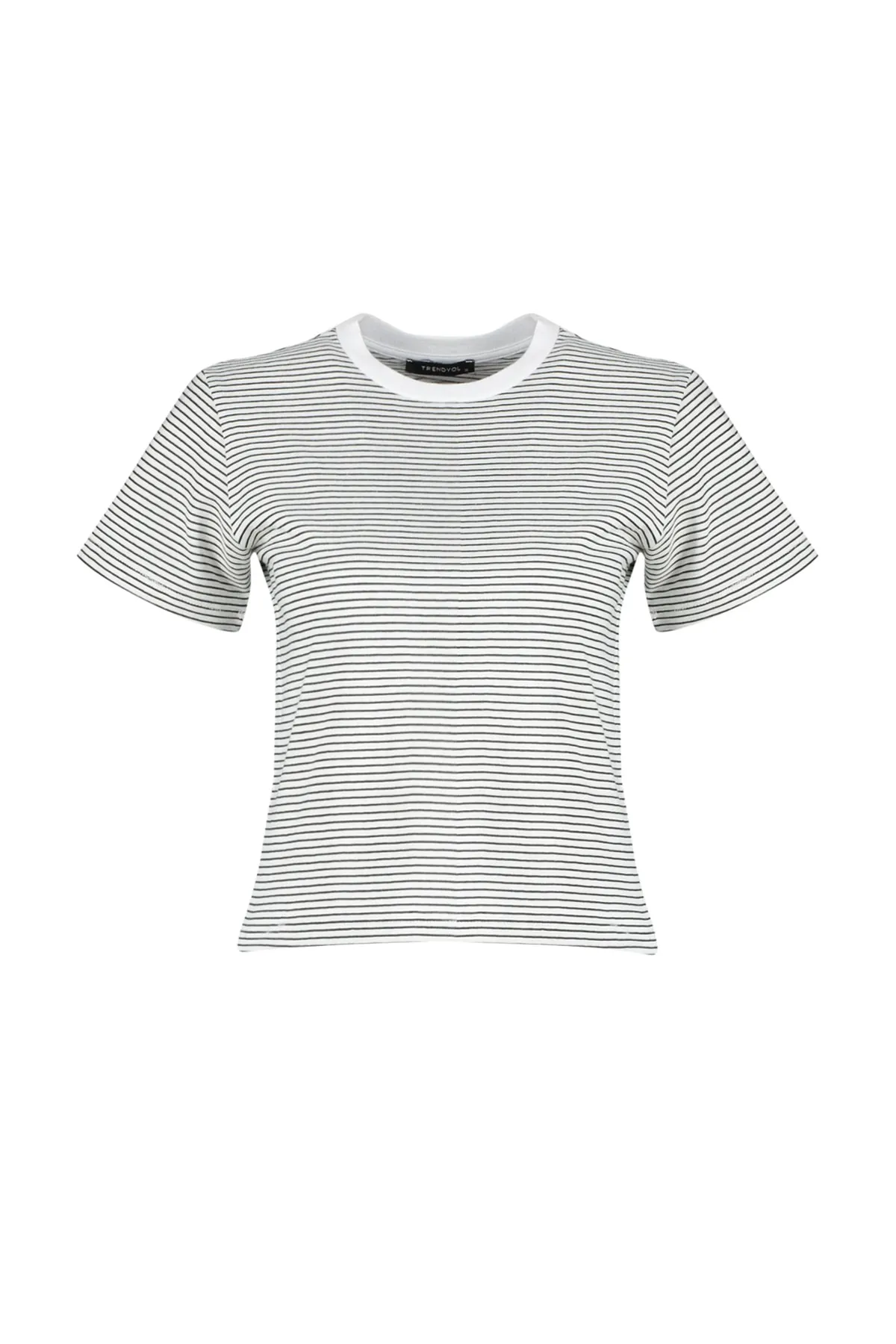 Trendyol Collection  Schwarzes, ecrufarbenes, gestreiftes Premium-Basic-Strick-T-Shirt mit normalem/normalem Muster und Rundhalsausschnitt TWOSS23TS00043