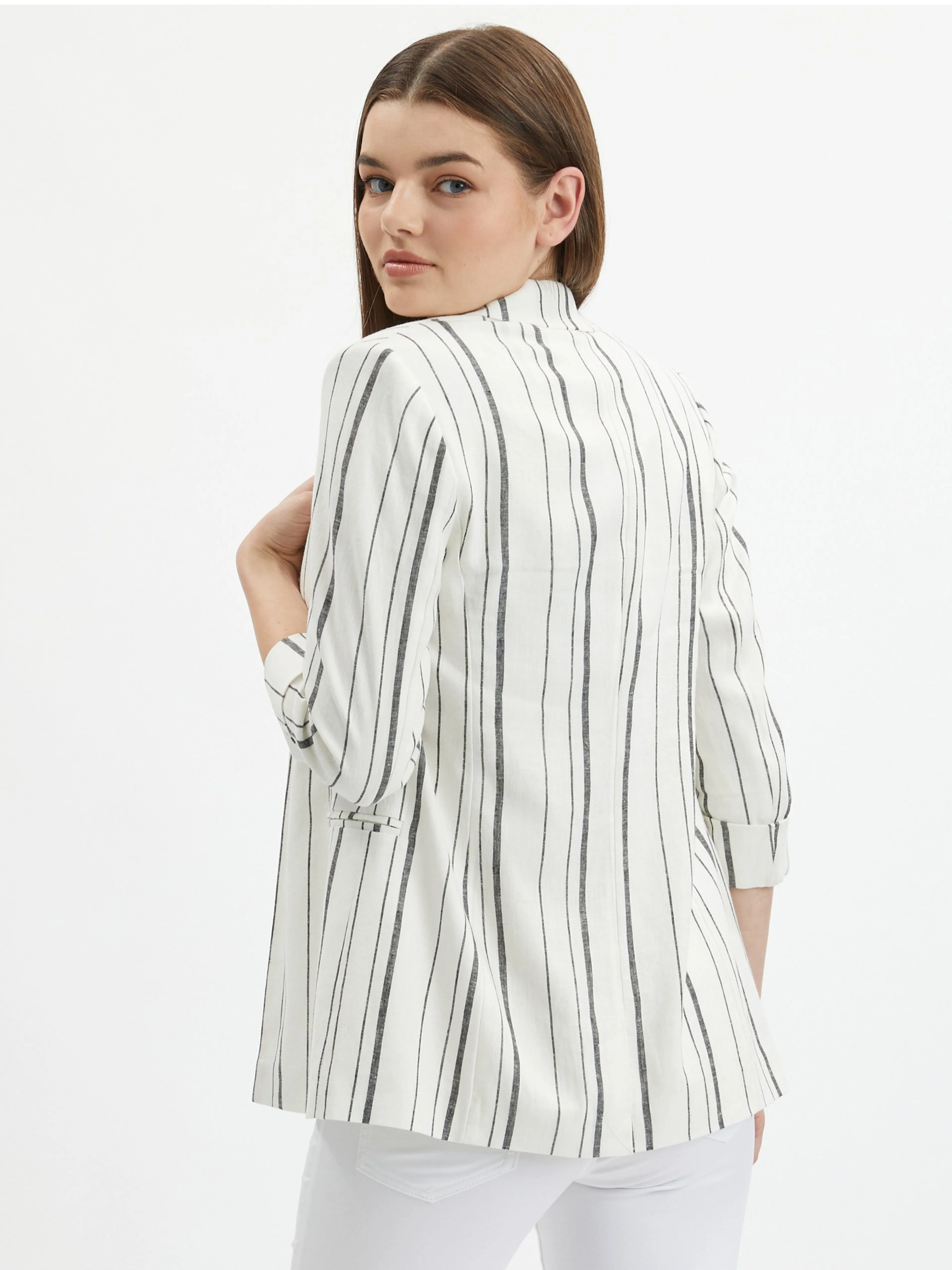Weiße gestreifte Damen-Leinenjacke ORSAY