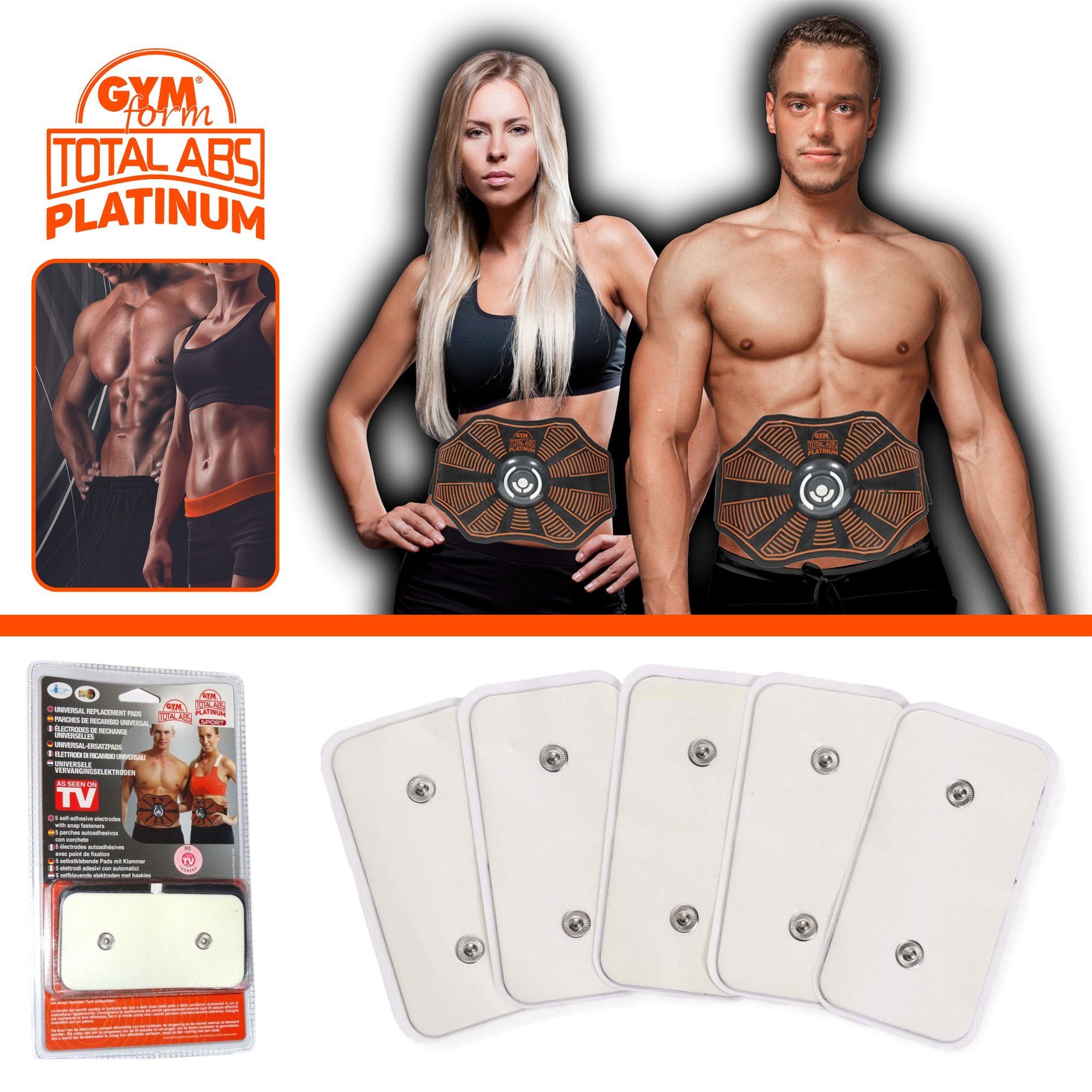 Gymform® EMS-Bauchmuskeltrainer Total Abs Platinum Sport, (Spar-Set, 2-tlg., mit oder ohne extra Universal Ersatzpads), EMS Trainer elektrischer Gürtel - Bauchmuskeltrainer Set