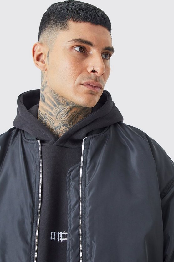 Tall Oversize Nylon-Bomberjacke mit gerafften Ärmeln