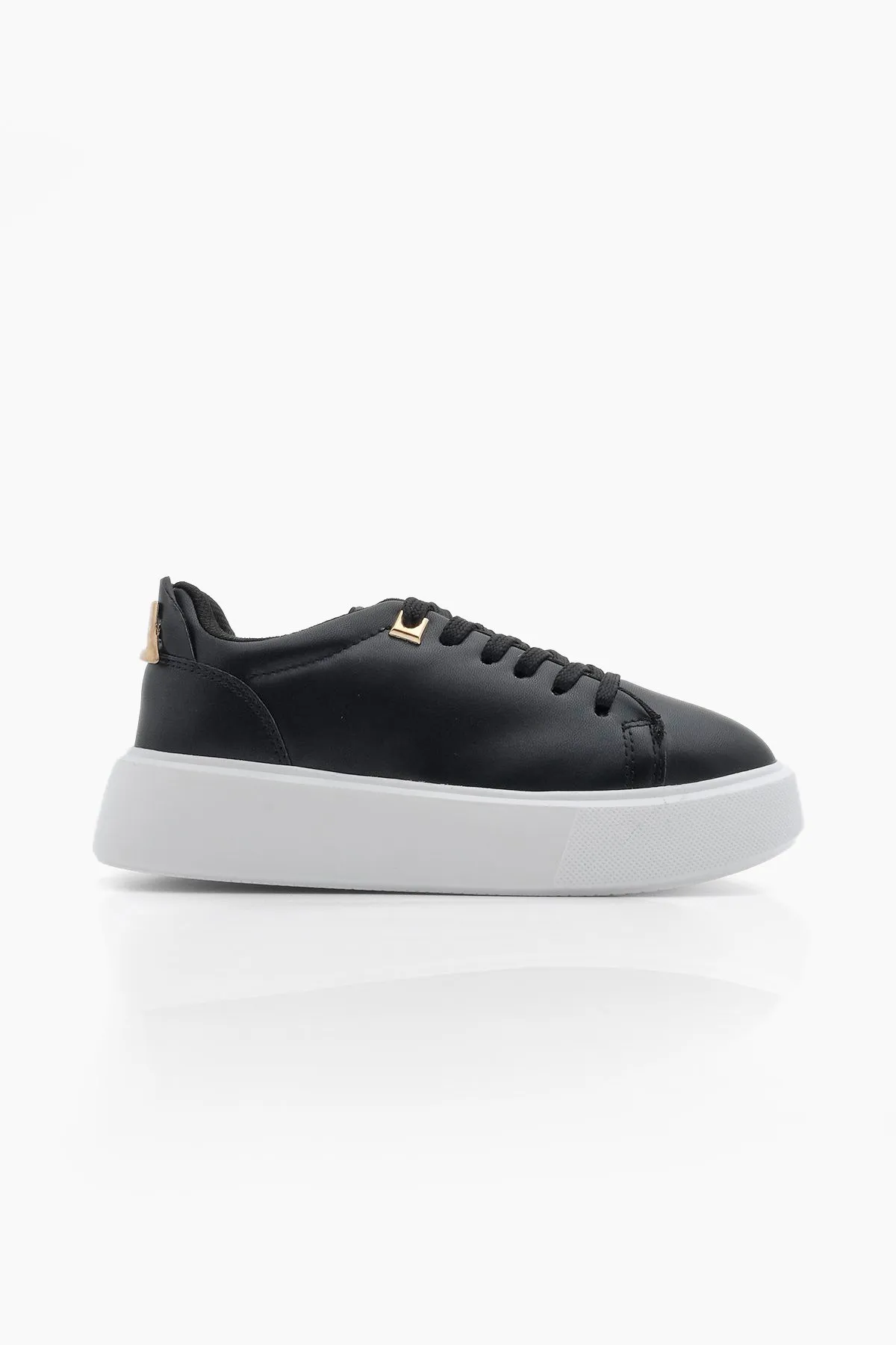 Marjin  Damen Sneakers Dicke Sohle Gold Schnalle Detailliert Schnürschuhe Sportschuhe Rofke Schwarz