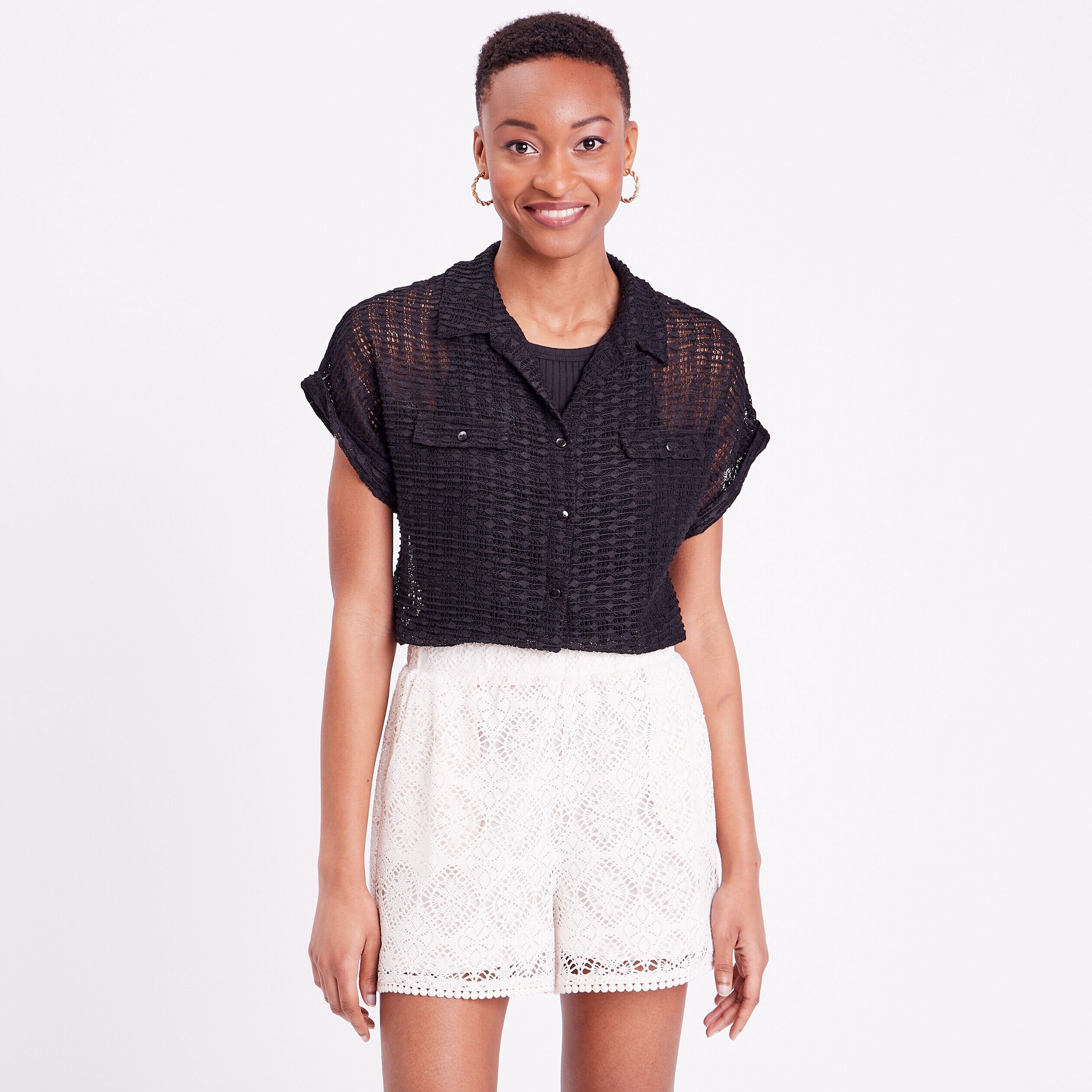 Blouse manches courtes ajourée noir femme | Cache Cache