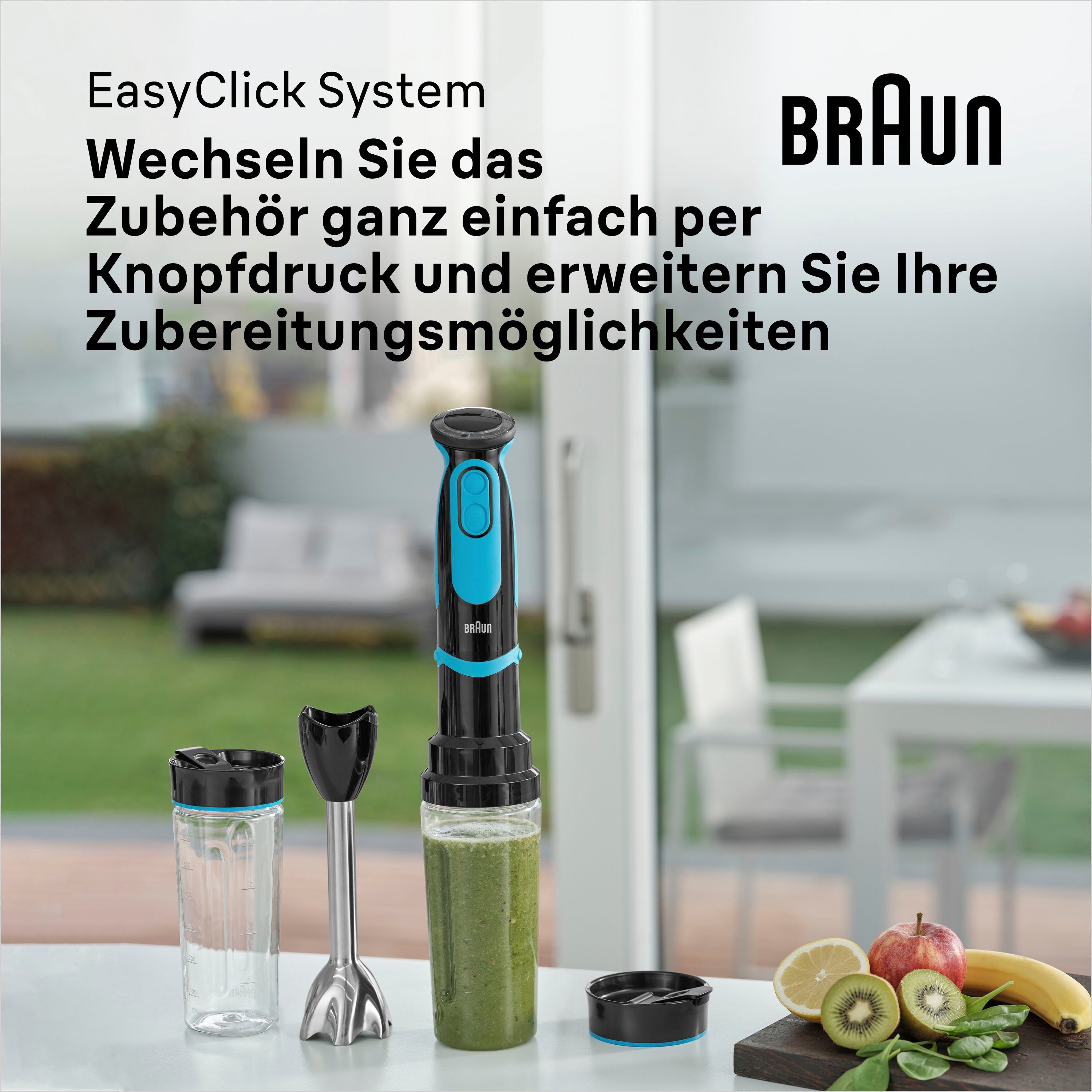 Braun Stabmixer MQ 5252 BKBL MultiQuick 5 Vario, 1000 W, mit Smoothie2Go Funktion und EasyClick System, Schwarz/Blau