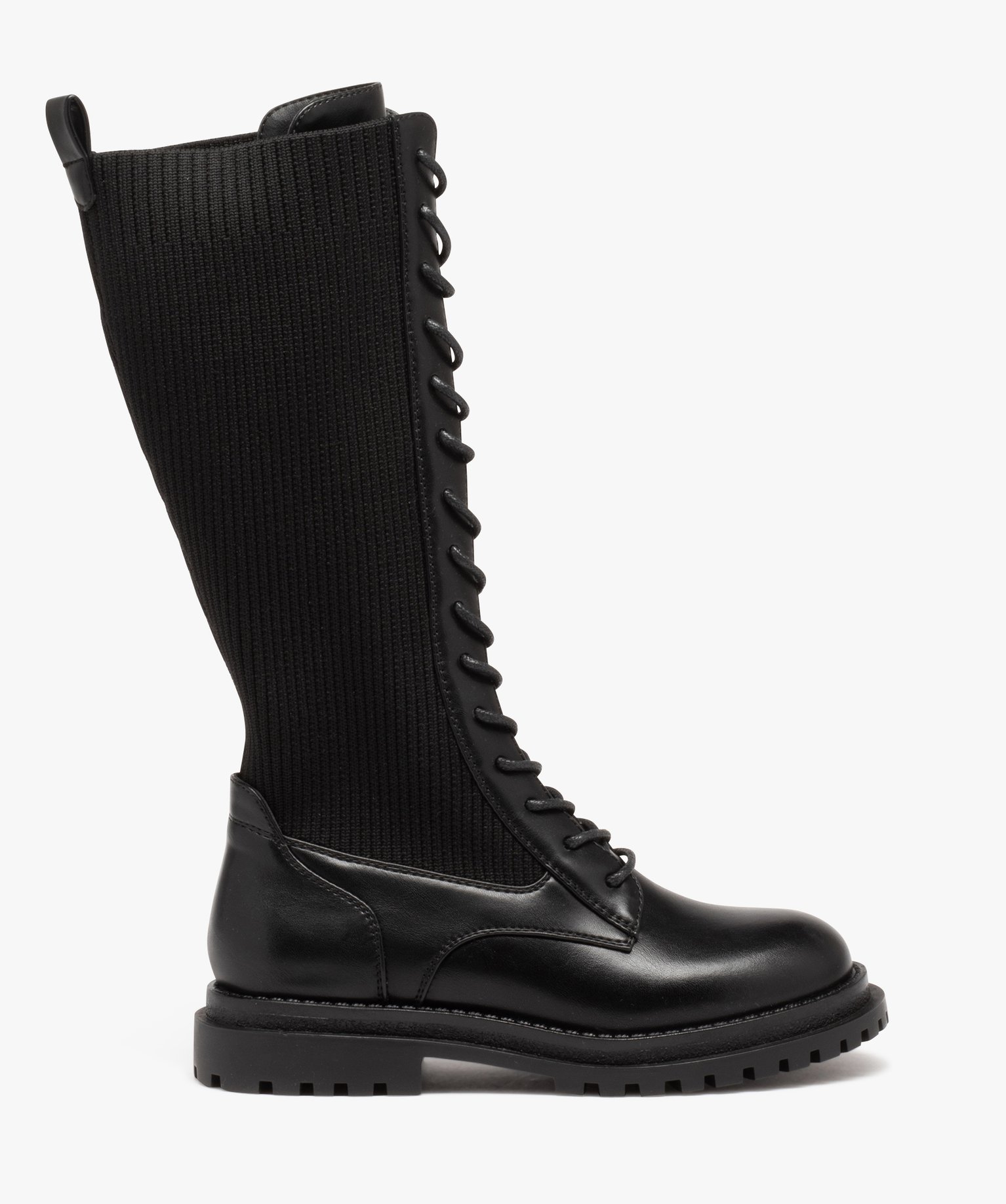 Bottes fille plates unies à lacets et tige chaussette noir | GEMO