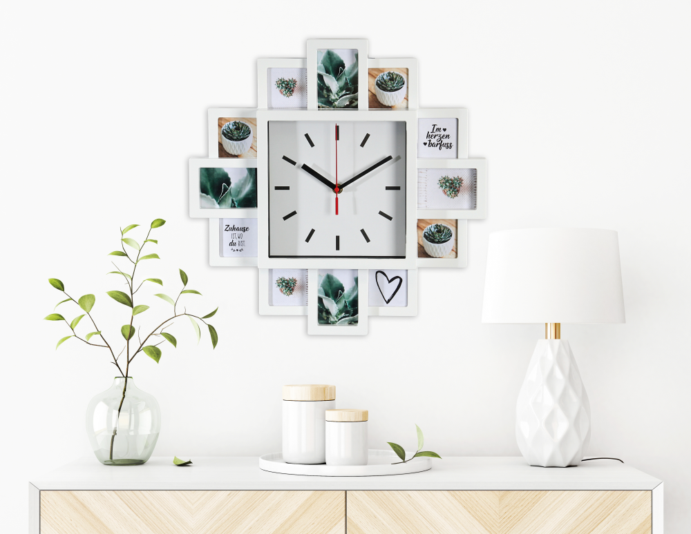 Wanduhr mit Collage weiß