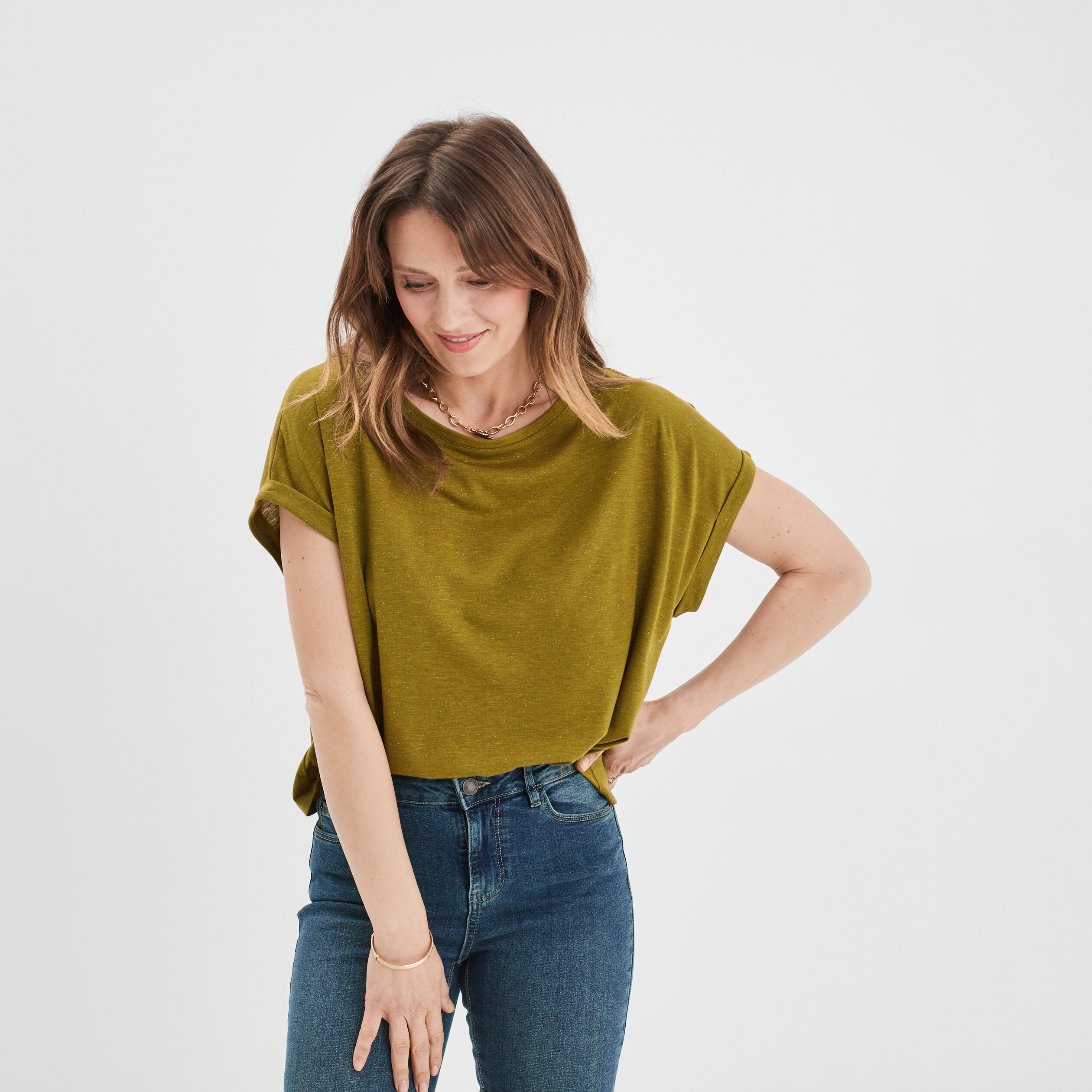 T-shirt manches courtes fils métallisés vert olive femme | La Halle