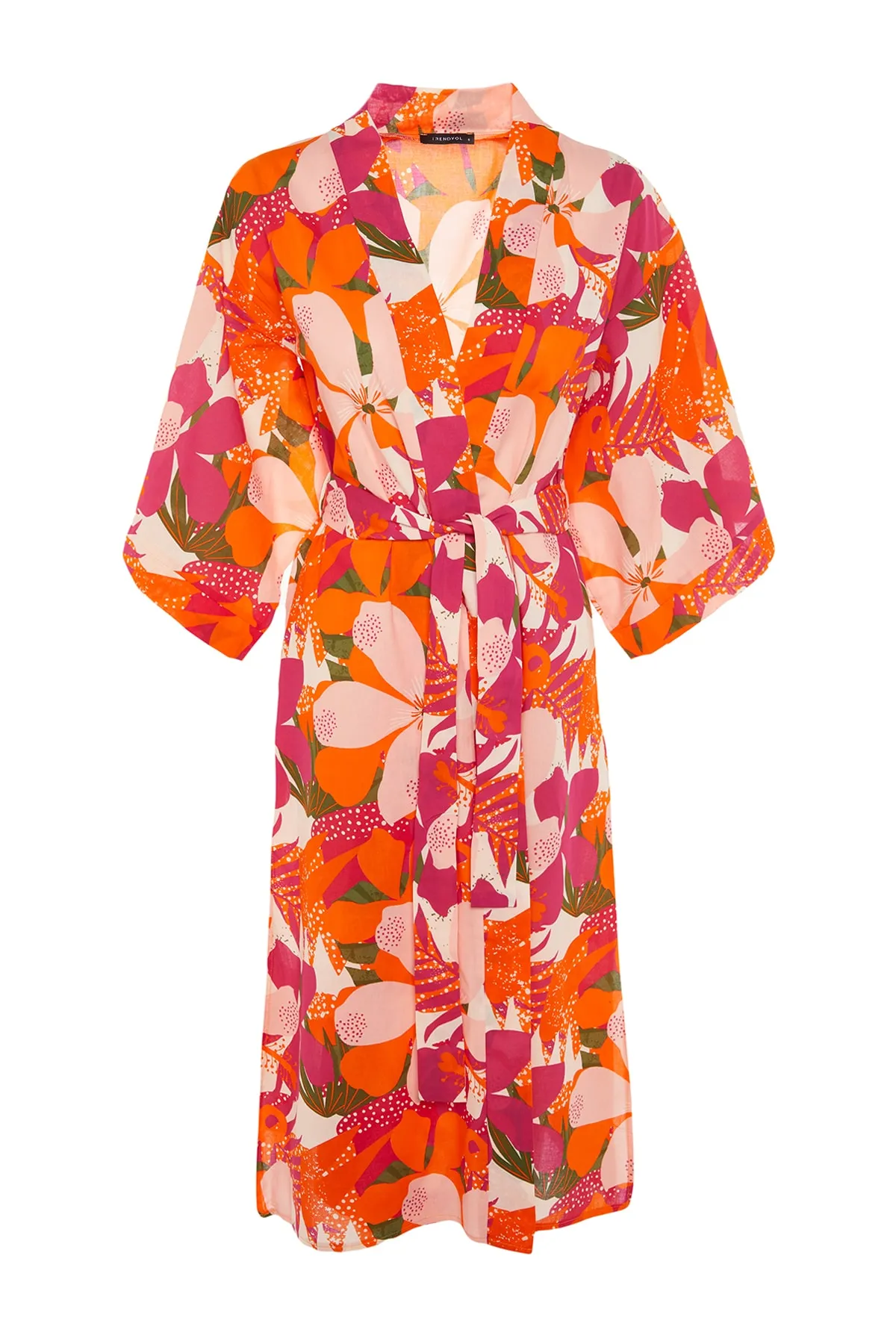 Trendyol Collection  Maxi-Kimono und Kaftan aus 100 % gewebter Baumwolle mit Blumenmuster und Gürtel TBESS22KM0030