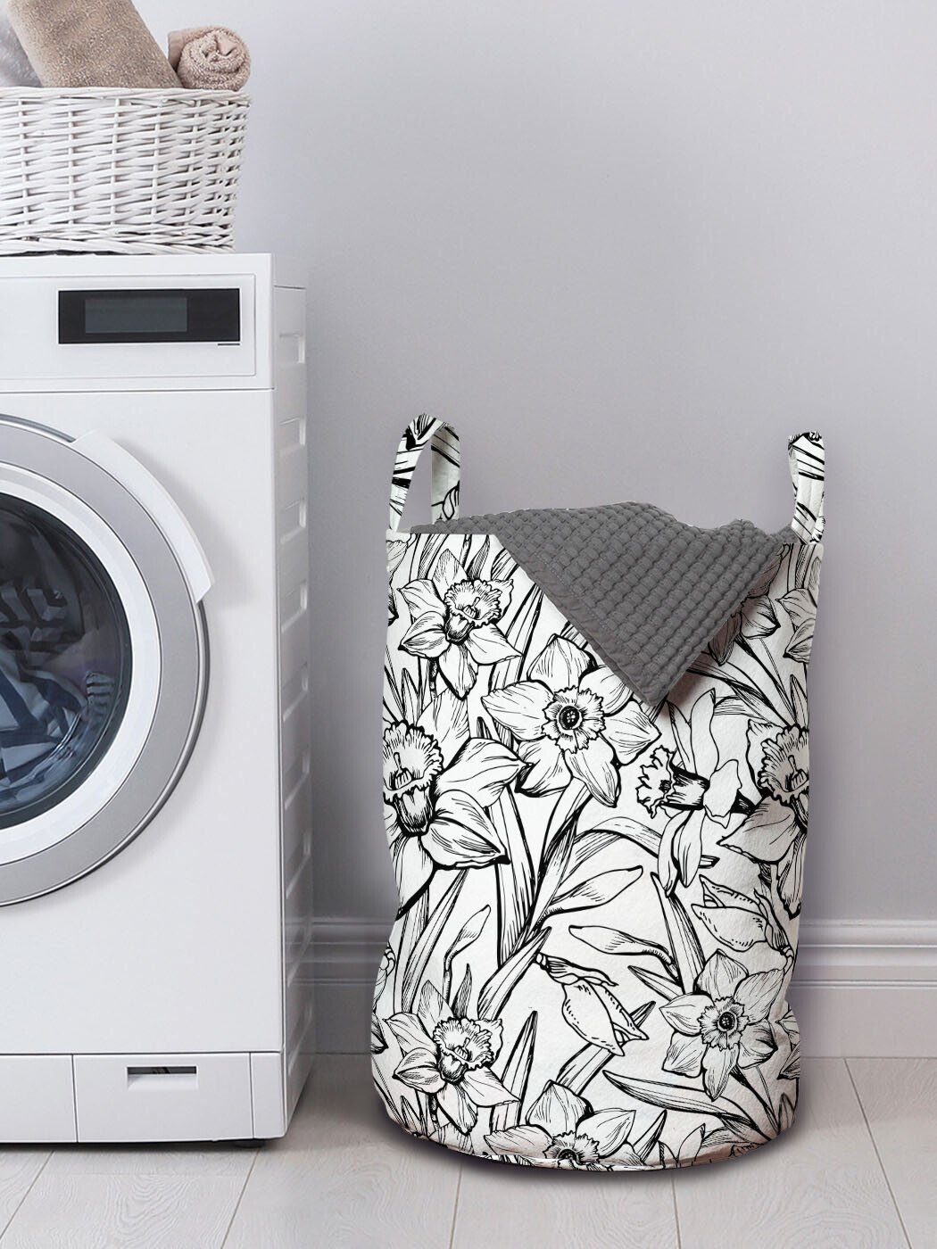 Abakuhaus Wäschesäckchen Wäschekorb mit Griffen Kordelzugverschluss für Waschsalons, moderne Blumen Narzissen Skizze-Kunst