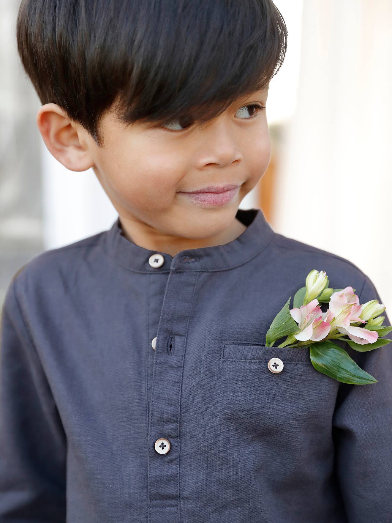 Chemise col Mao garçon en coton/lin manches longues vert