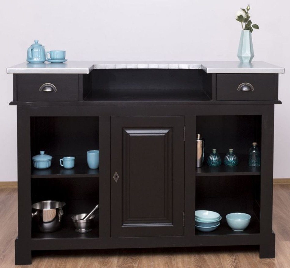 Casa Padrino Barschrank Landhausstil Theke Schwarz / Silber 160 x 65 x H. 107 cm - Massivholz Thekentisch mit verzinkter Tischplatte - Barmöbel im Landhausstil