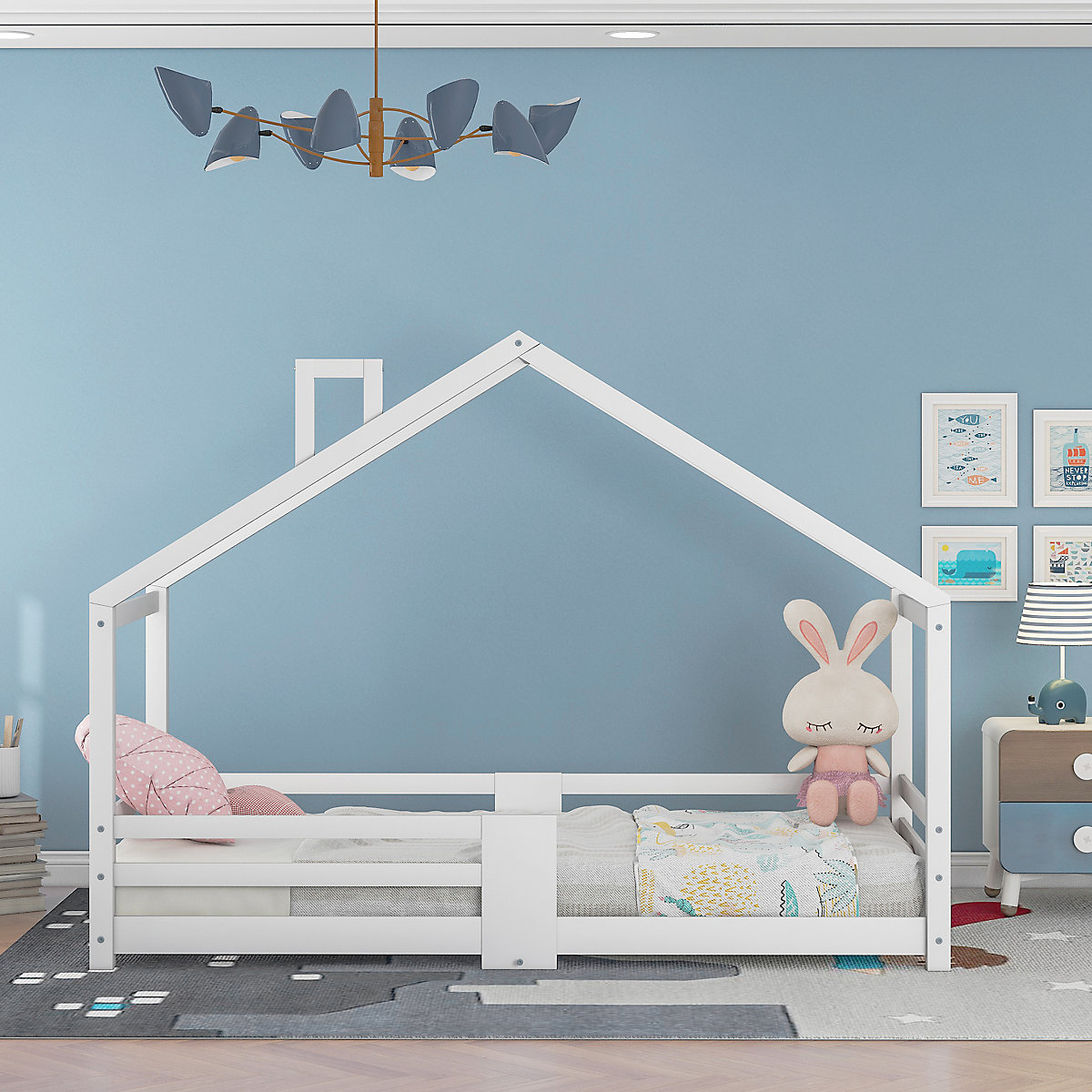 Hausbett 90x200 cm mit Rausfallschutz und Schornstein