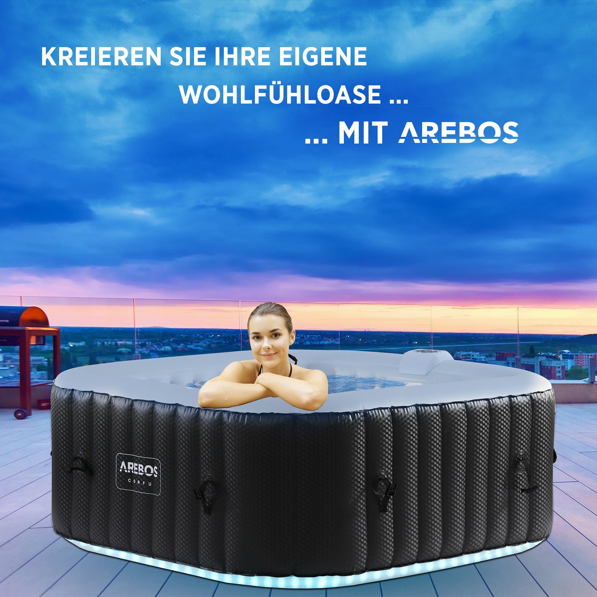 Arebos Whirlpool 154 x 154 cm, mit LED-Beleuchtung, 6 Farben, (Komplett -Set)