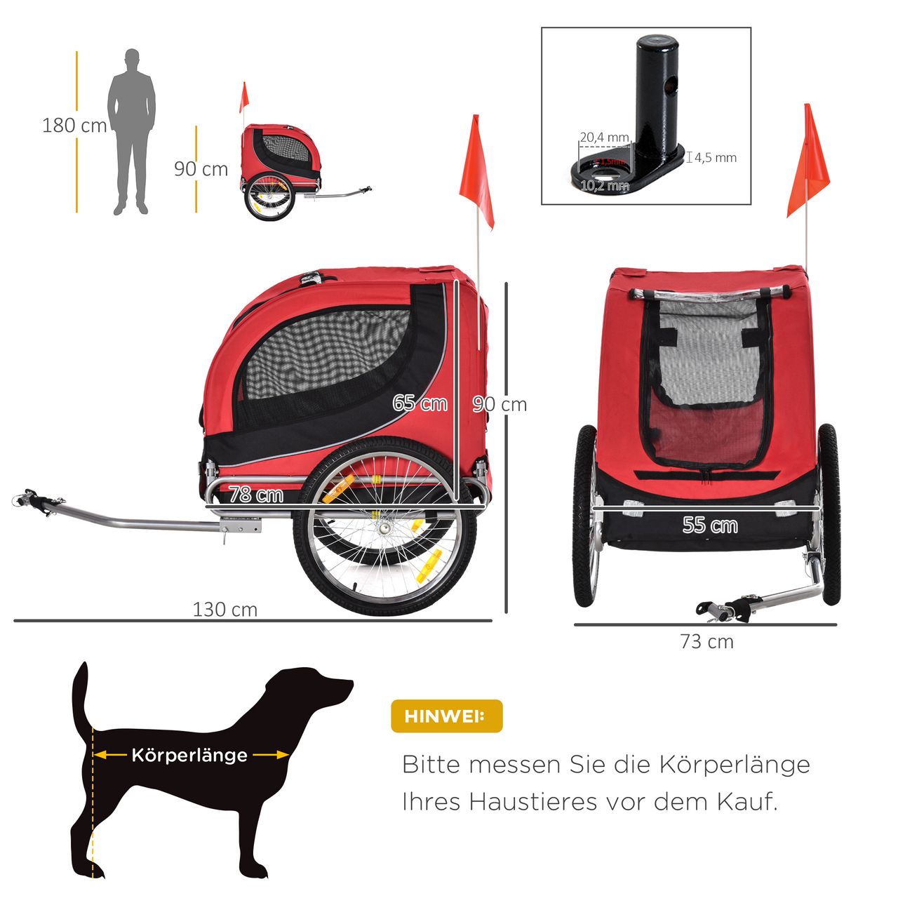 PawHut Fahrradanhänger Hundeanhänger Hunde Fahrrad Tier Anhänger Rot Schwarz