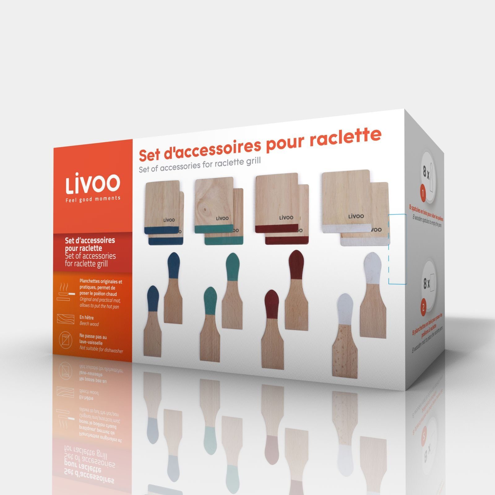 LIVOO Raclette LIVOO Raclette-Zubehör 8 Personen Schaber Untersetzer Holz bunt MEN391, 8 Raclettepfännchen, Transporttasche, Holzspatel, Holzspachtel, Pfännchenablage