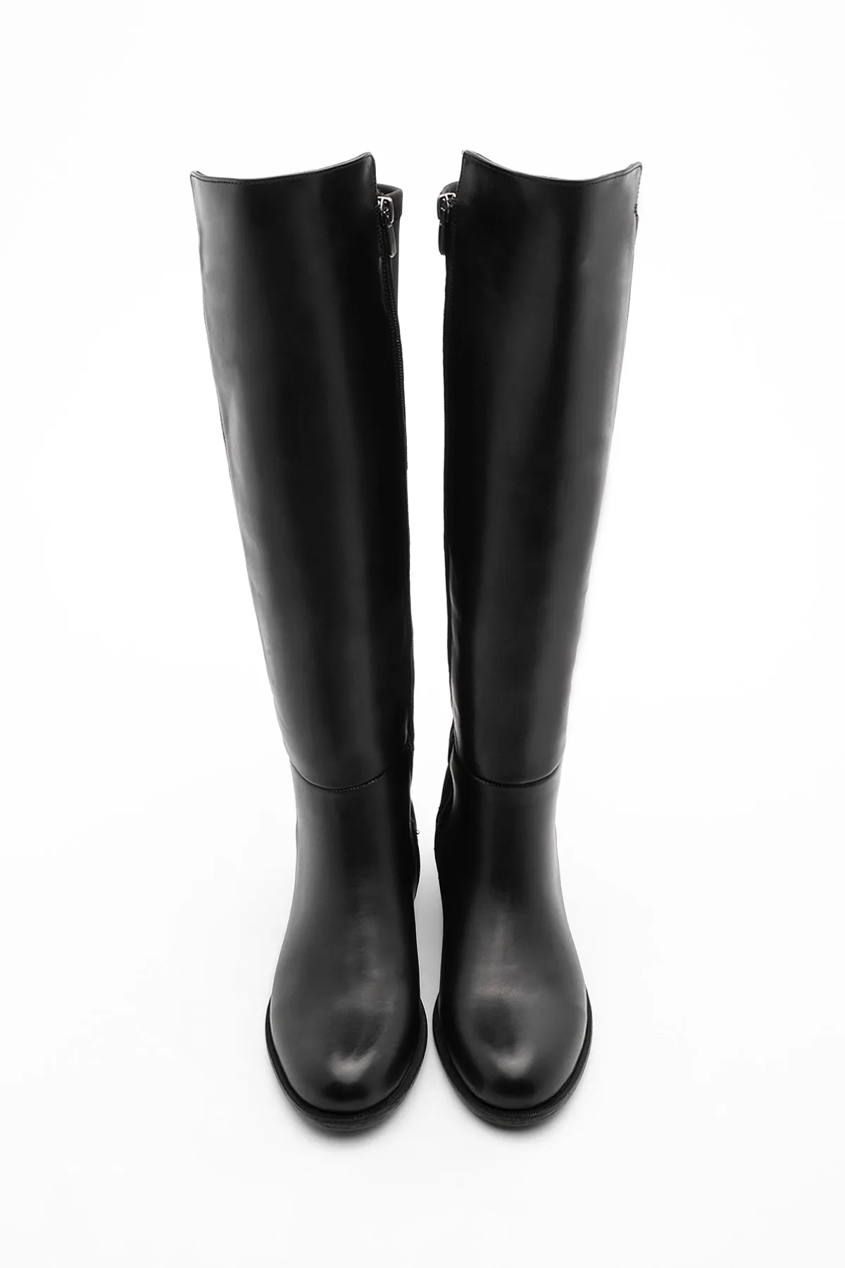 Marjin  Damen Stiefeletten aus echtem Leder mit Stretchanteil, elastisch, kniehoch, Reißverschluss, Zolen Schwarz