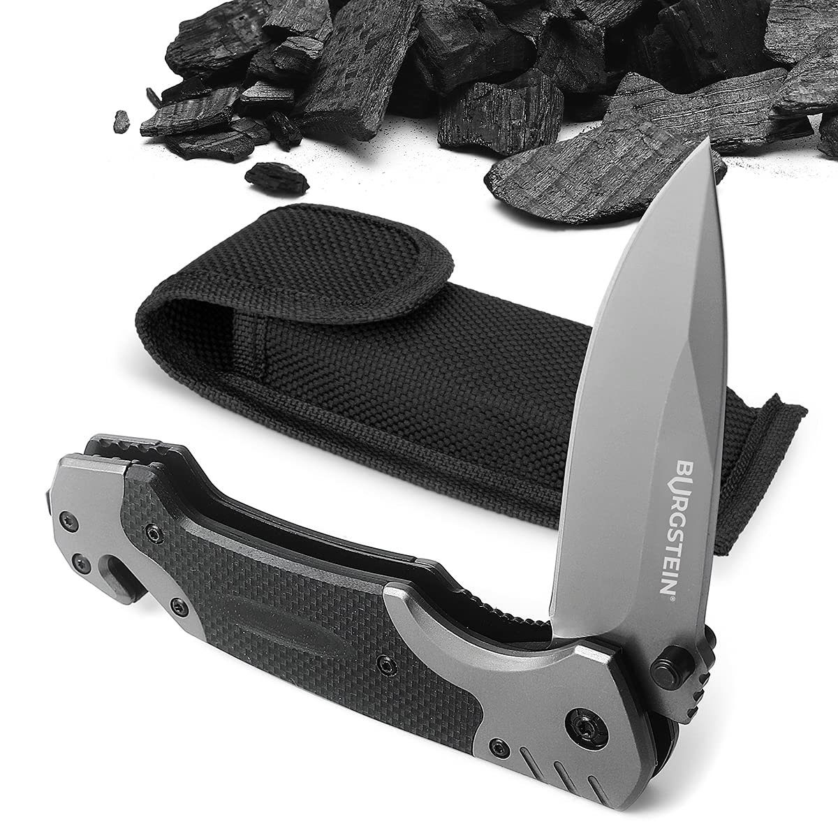 Burgstein Anzucht- und Kräutererde Outdoor Taschenmesser mit Gürteltasche - Klappmesser Carbon, Carbon Carbon