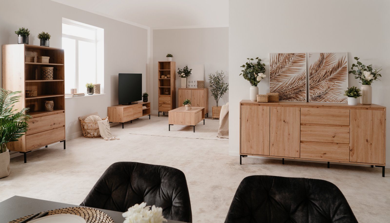 Finori Sideboard Korsika (Kommode in Eiche Artisan mit 3 Schubladen, 170 x 87 cm), Metallfüße in schwarz