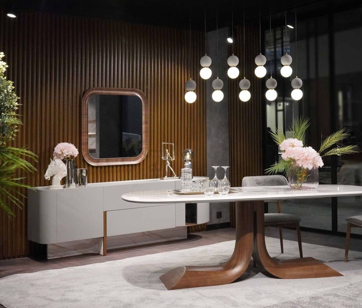 JVmoebel Esszimmer-Set Komplett Esszimmer Set 7tlg Ess Gruppe Sideboard Spiegel Esstisch Neu, (7-St., 1x Esstisch + 4x Stühle + 1x Sideboard + 1x Spiegel), Made in Europa