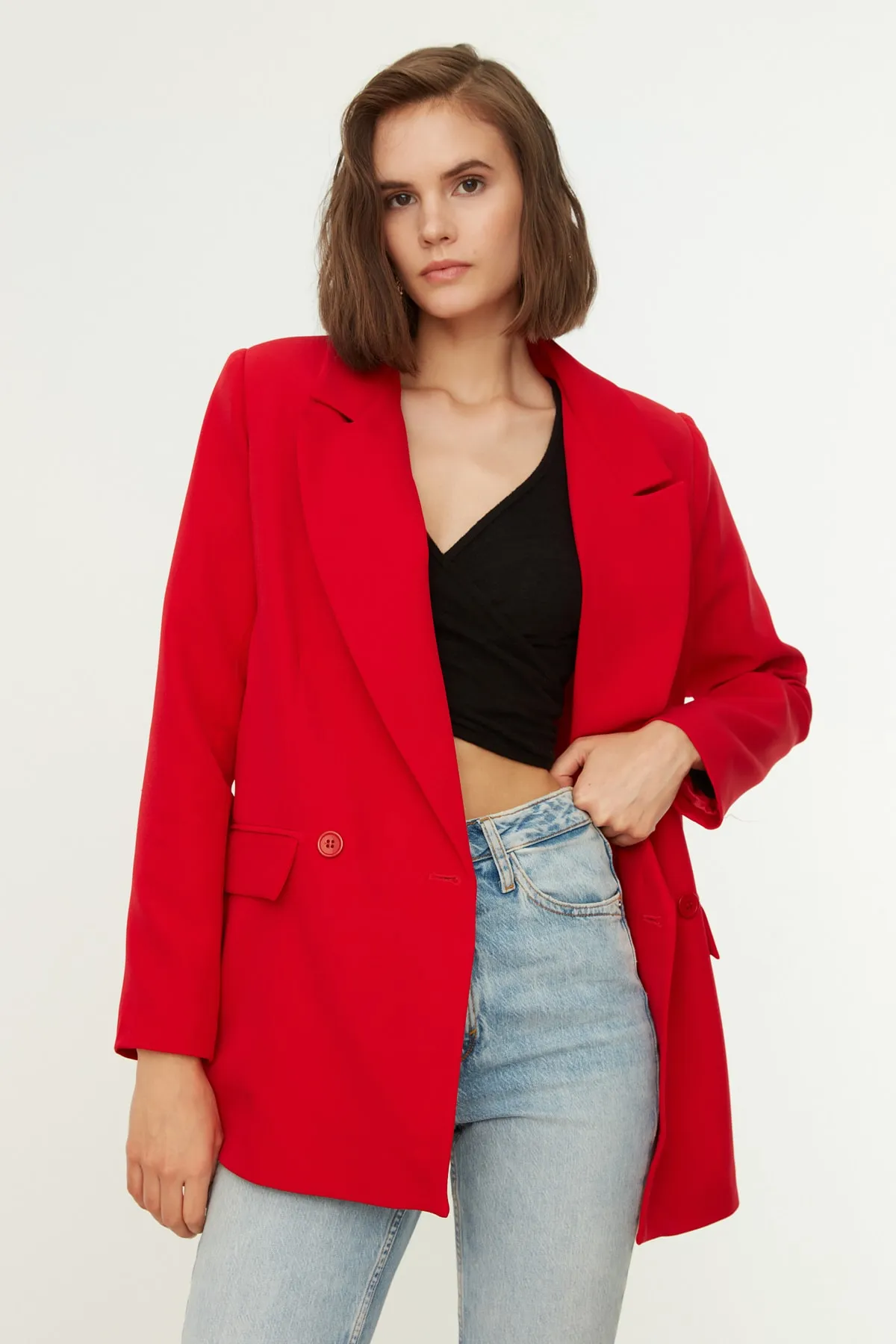 Trendyol Collection  Roter, normal gefütterter, zweireihiger, gewebter Blazer mit Verschluss TWOSS20CE0059