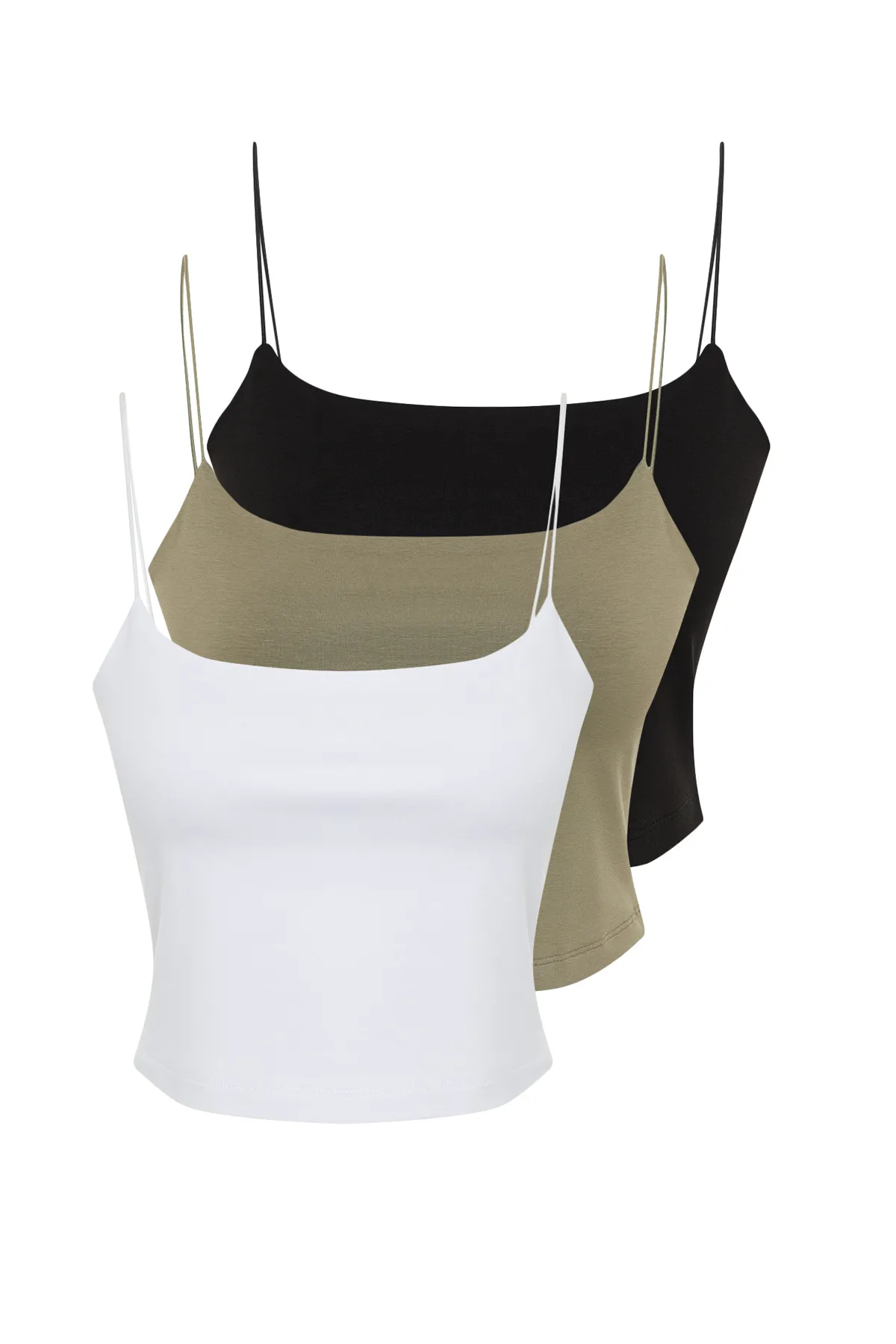Trendyol Collection  Schwarz-weiß-mehrfarbiges, eng anliegendes, bauchfreies, dehnbares Strick-Tanktop mit Spaghettiträgern TWOSS24AL00051