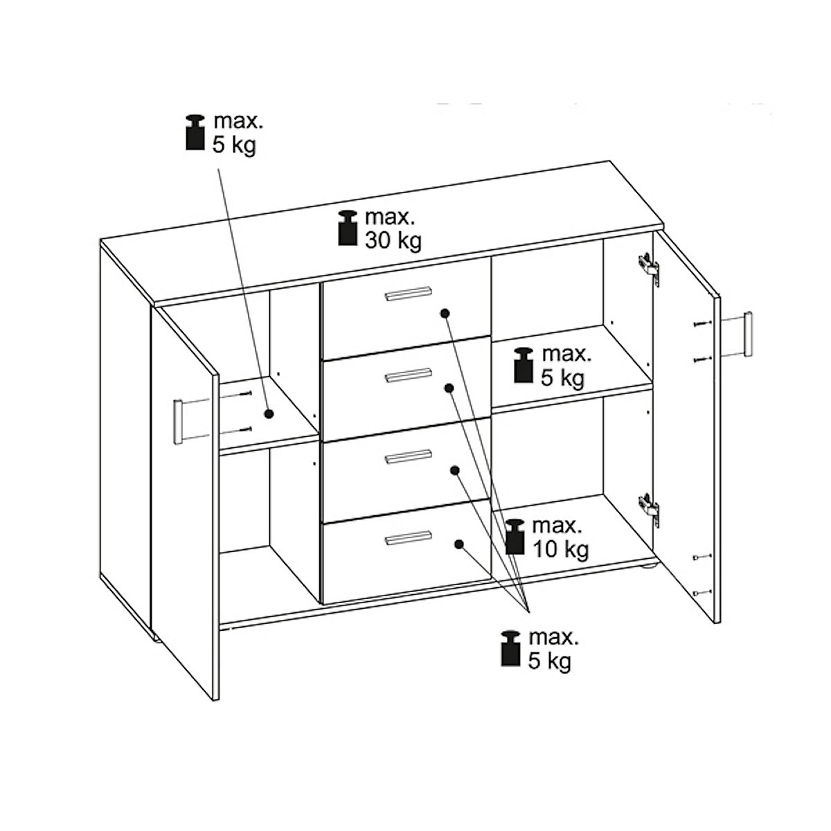Kombikommode Sideboard Kommode Anrichte Wohnzimmer 132cm 2-türig mit 4 Schubladen
