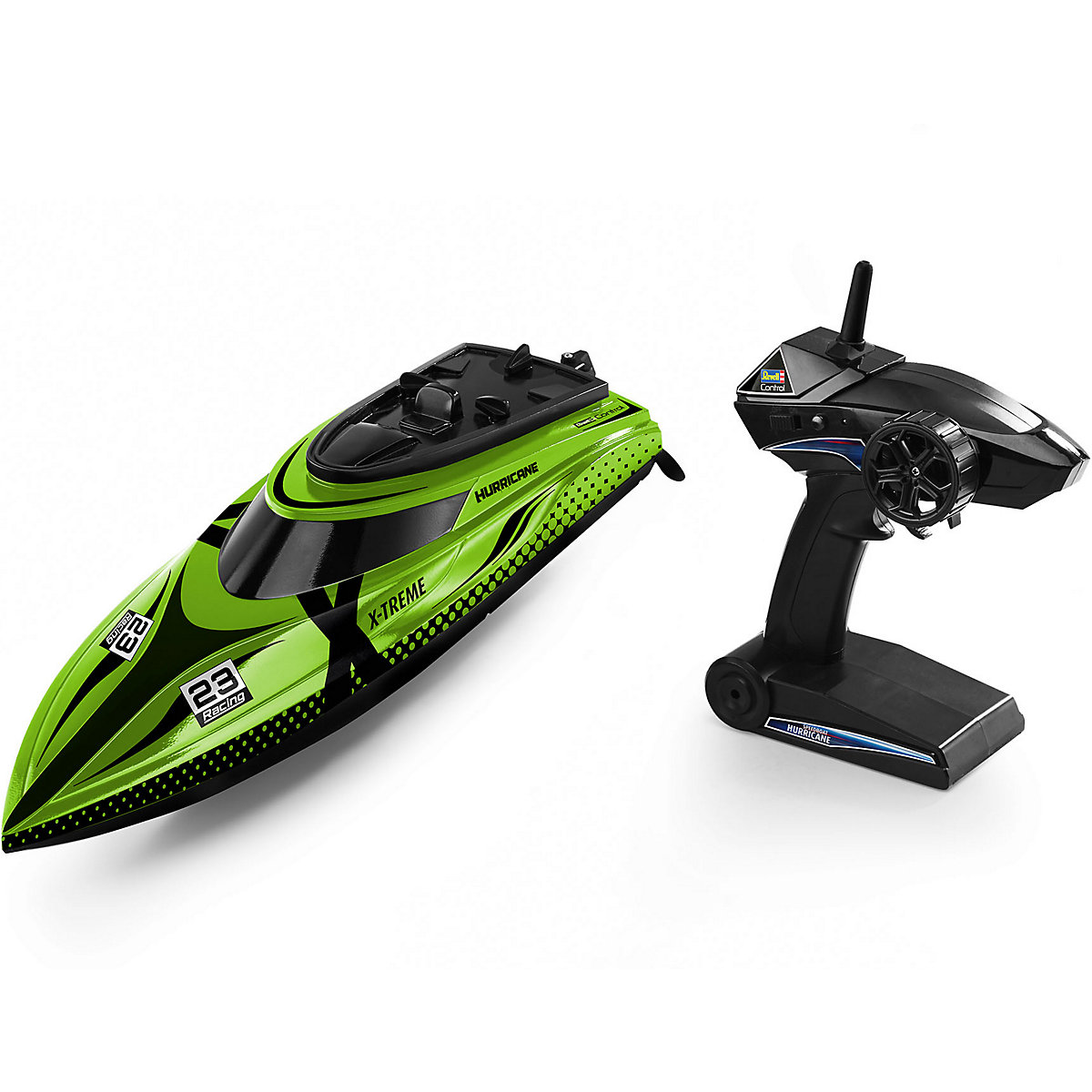 RC X-TREME Speedboat "Hurricane", bis zu 45 km/h, Anti-Kenter-Funktion, mit Schutzschaltung - die Propeller laufen erst im Wasser an, Revell Control schnelles Ferngesteuertes Boot, 46 cm
