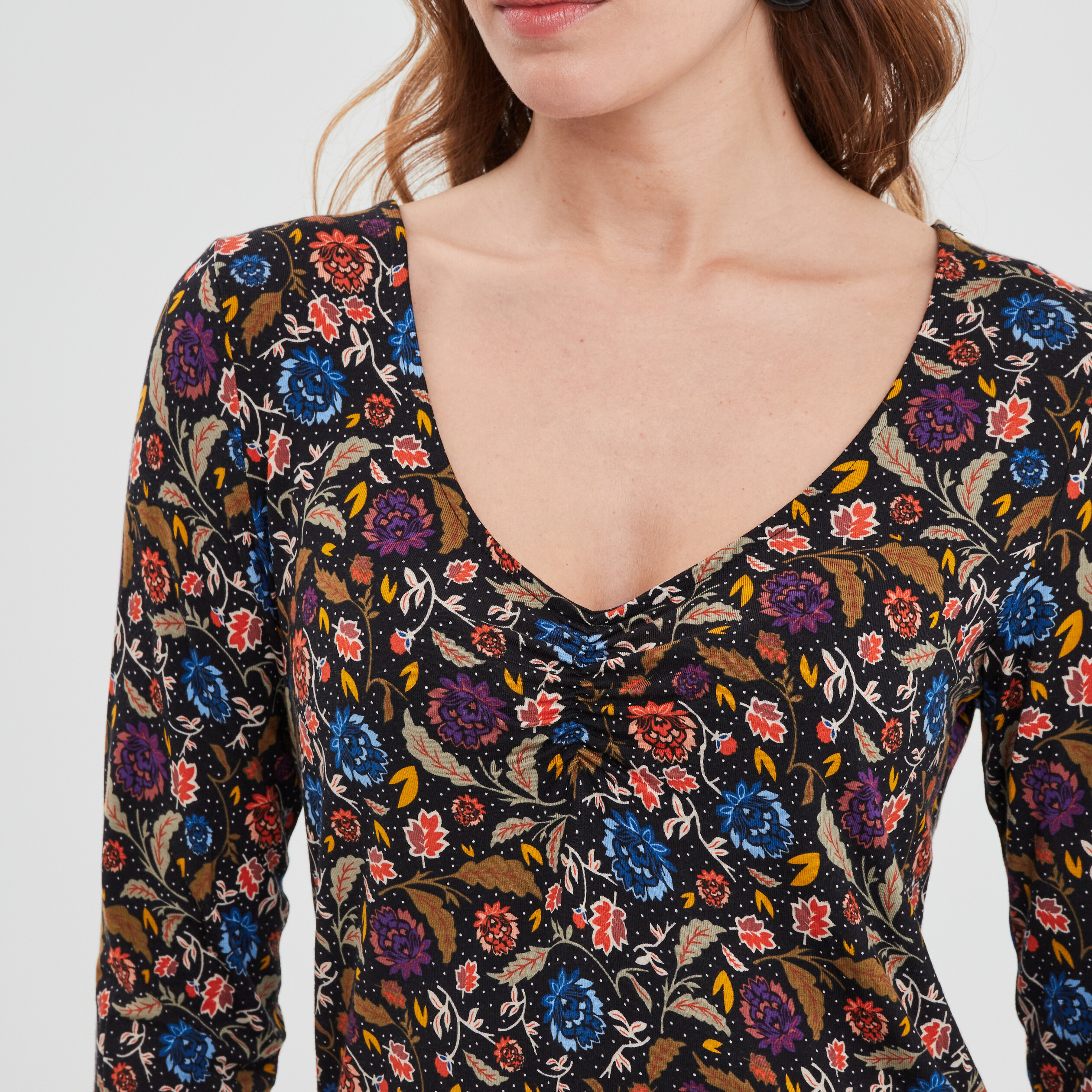 T-shirt col en V manches longues multicolore femme | La Halle