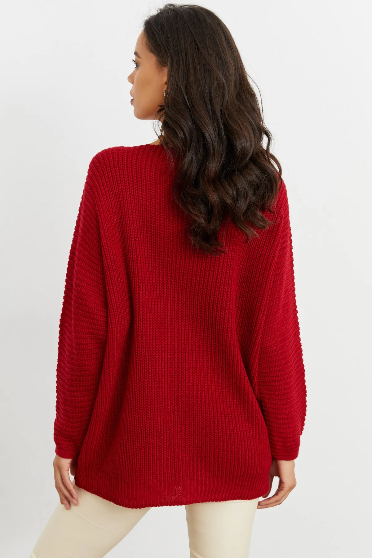Cool & Sexy  Burgunderrote Damen-Stricktunika mit V-Ausschnitt, lockere Passform, SMT158