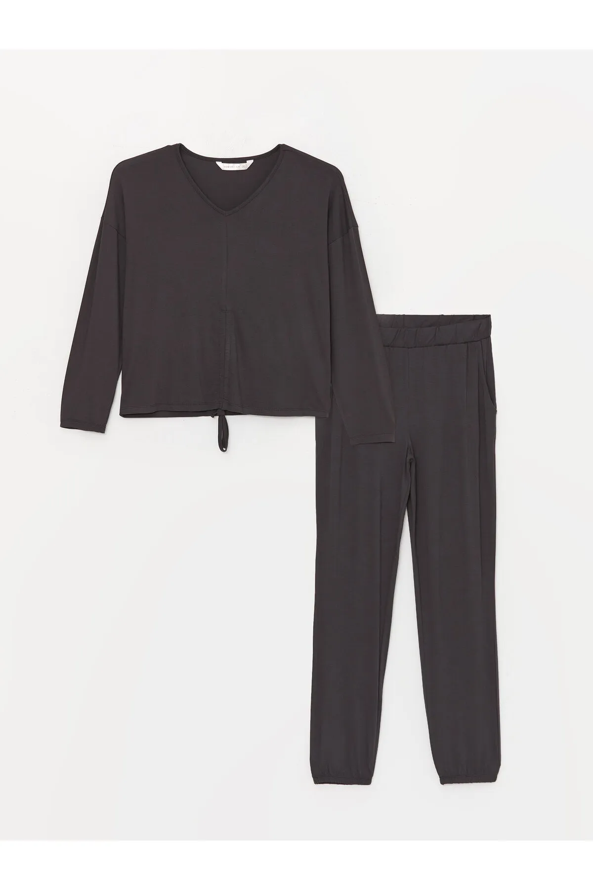 LC Waikiki  Einfarbiges, langärmliges Damen-Pyjama-Set mit V-Ausschnitt