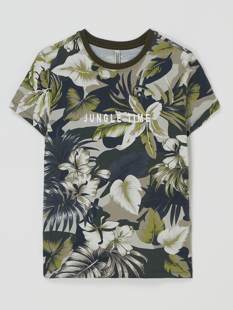 T-Shirt mit floralem Muster Modell 'Jungle Time' in olivgrün