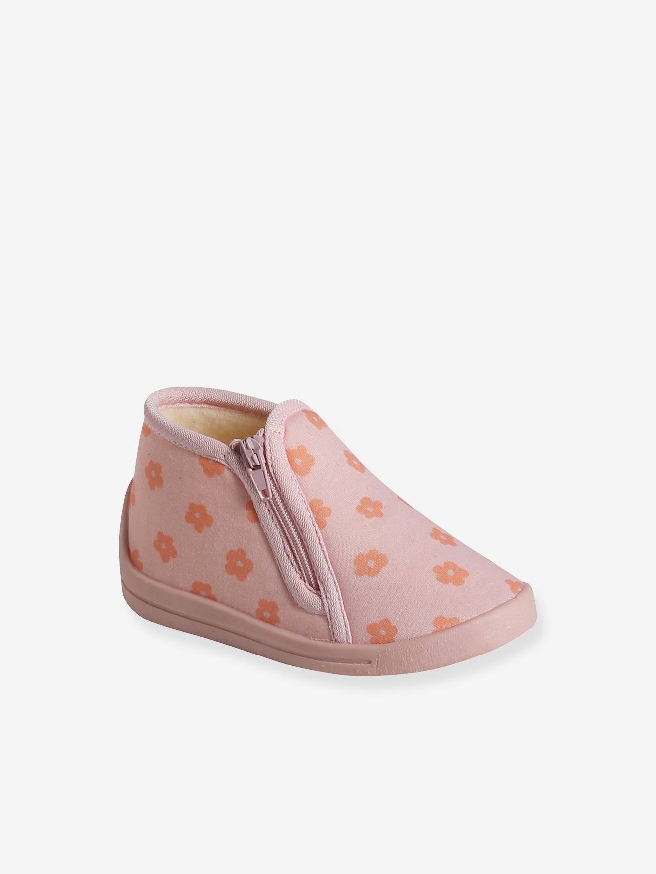Vertbaudet Baby Stoff-Hausschuhe mit Reißverschluss - rosa bedruckt