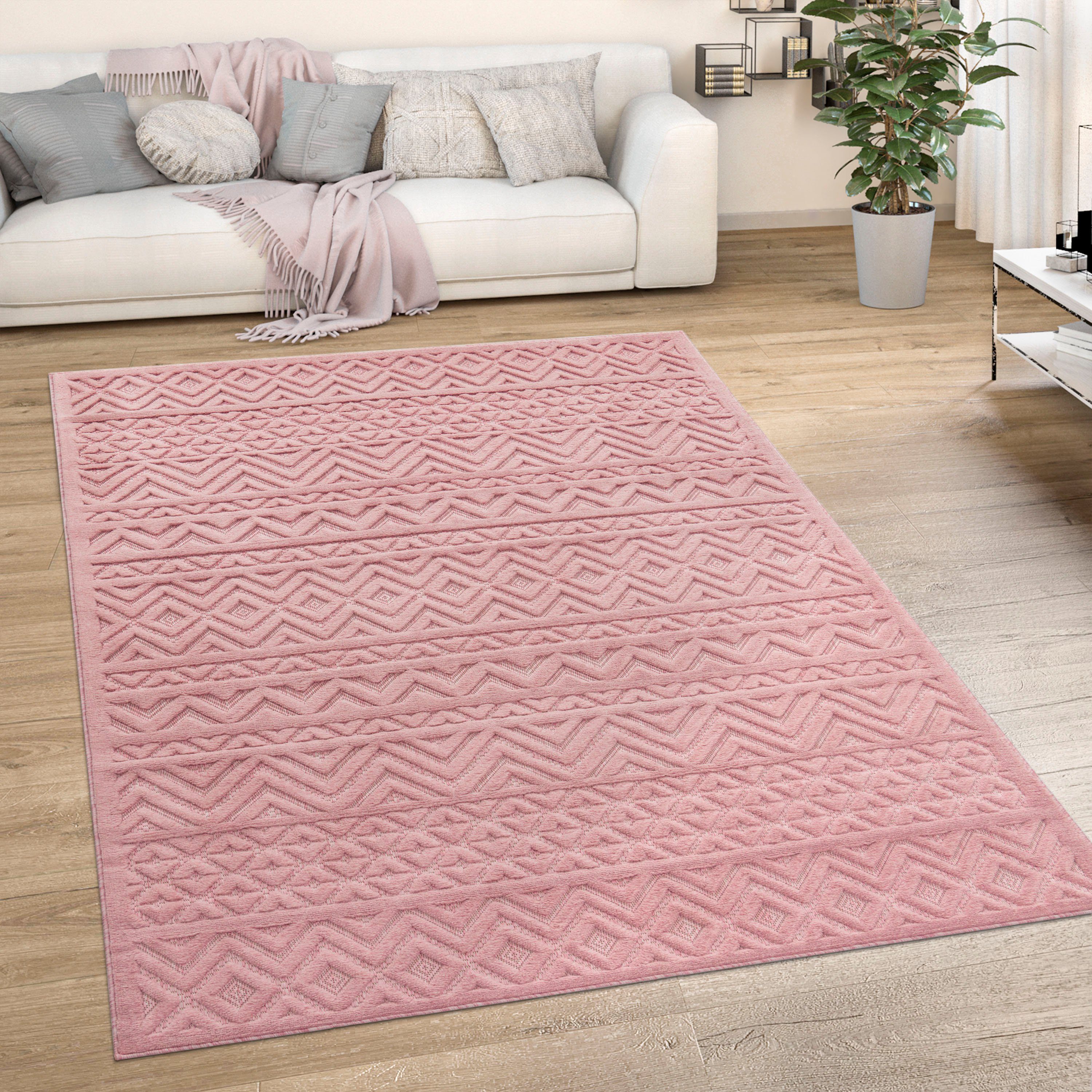 Teppich Livorno 673, Paco Home, rechteckig, Höhe: 14 mm, Uni-Farben, Scandi, Rauten Muster, Hoch-Tief Effekt, Outdoor geeignet
