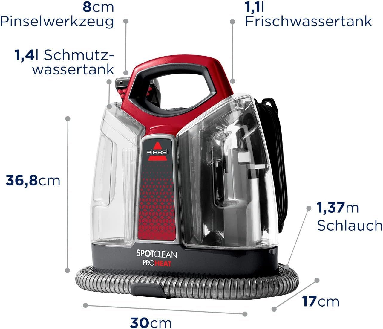 Bissell Teppichreinigungsgerät SpotClean ProHeat Fleckenreiniger für Teppiche Treppen Polster & Auto, 330,00 W, beutellos, Waschsauger Nass -Trocken-Sauger Polsterreiniger Reinigung Staubsauger