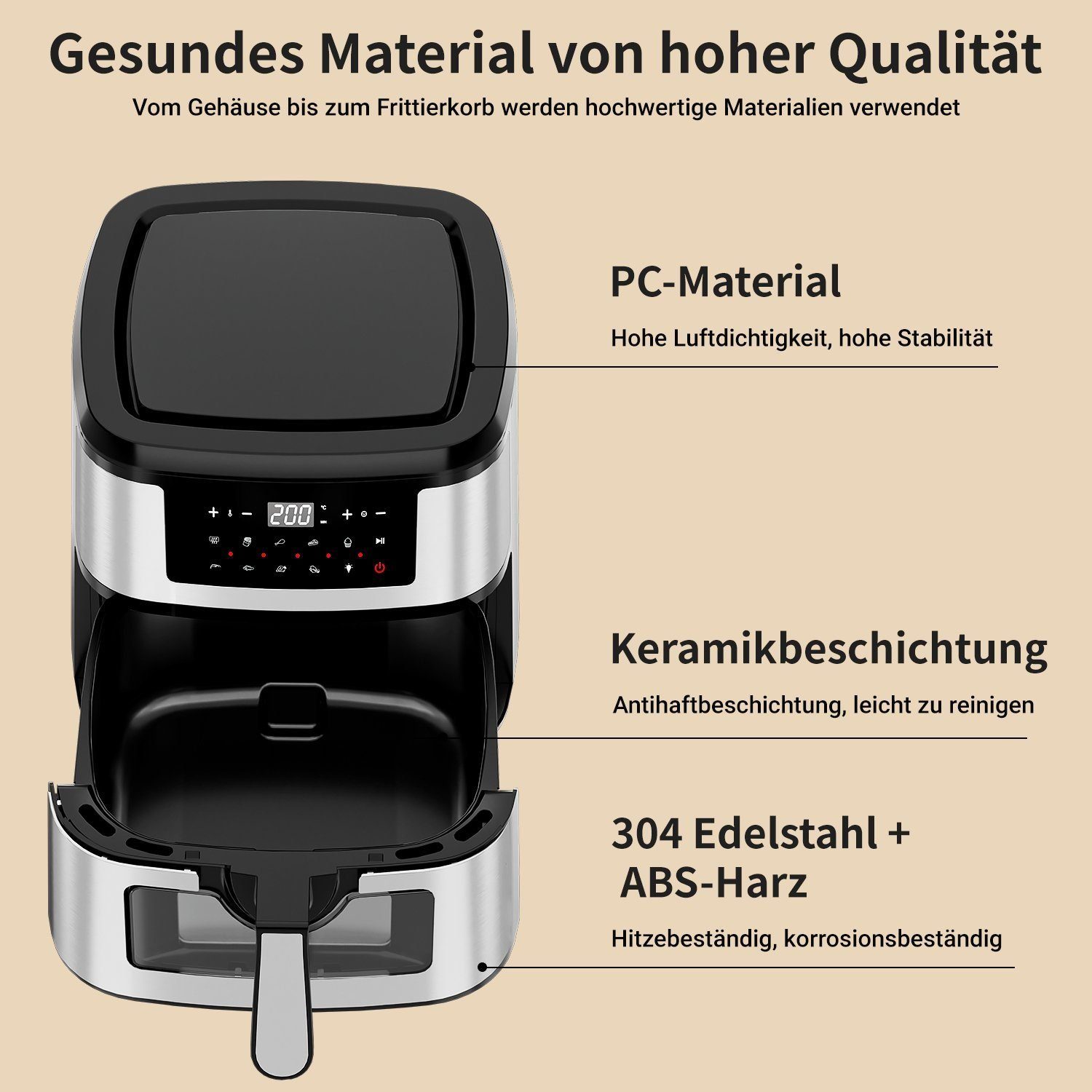 Yaviel Heißluftfritteuse 8L/9.7L Heizluft Fritteuse XXL Air Fryer Ohne Öl LED Touchscreen, 1600,00 W, Airfryer Einstellbare Zeit/Temperaturregelung 12 Programmen für Braten