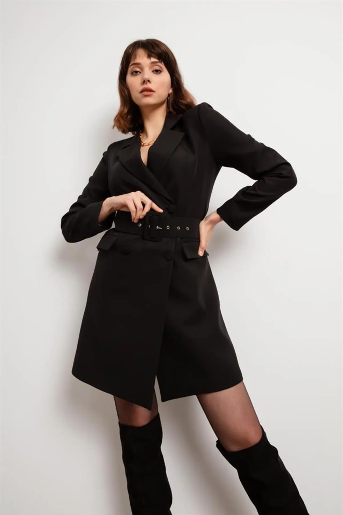 Lafaba  Schwarzes Jackenkleid für Damen mit Gürtel